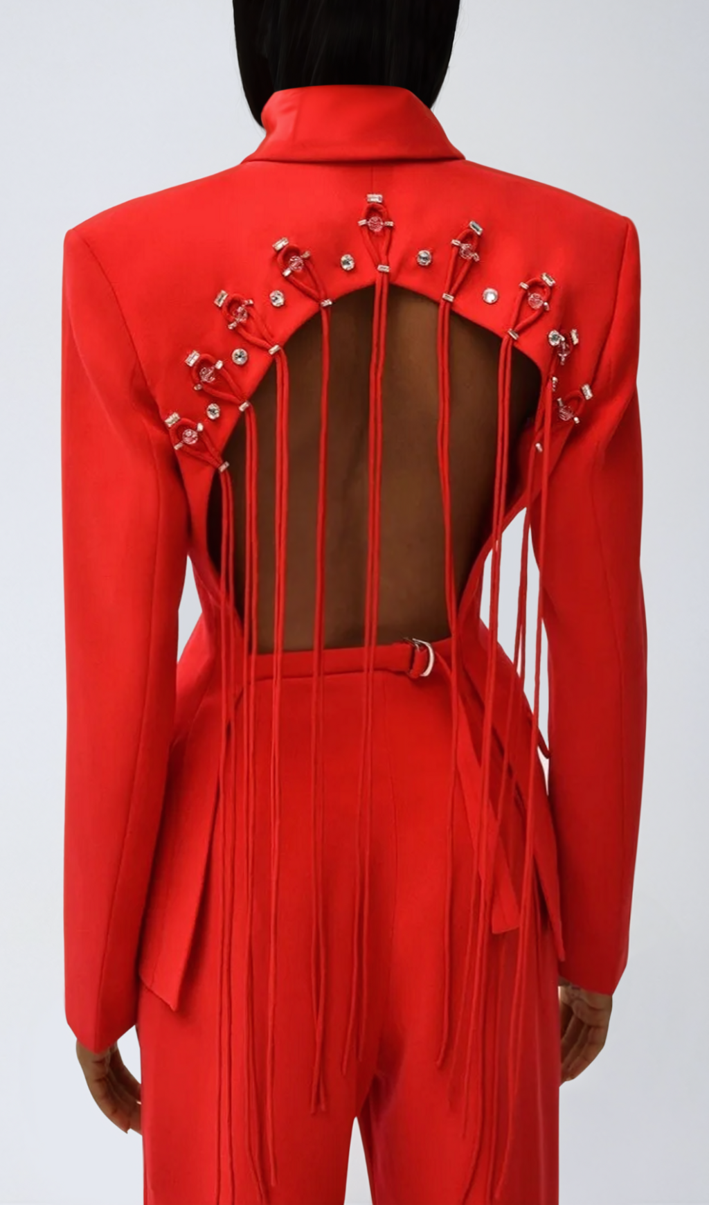 VIENNA RED BACKLESS BLAZER WITH FRINGE CUTOUT