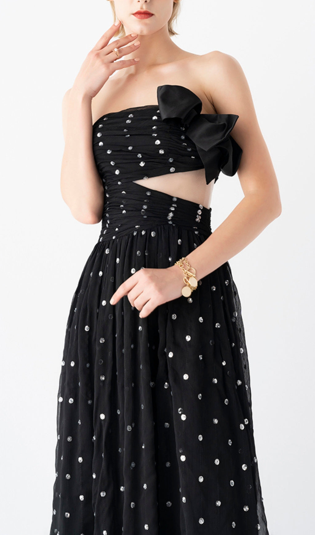 POLKA DOT BANDEAU DRESS BLACK PARTY MINI
