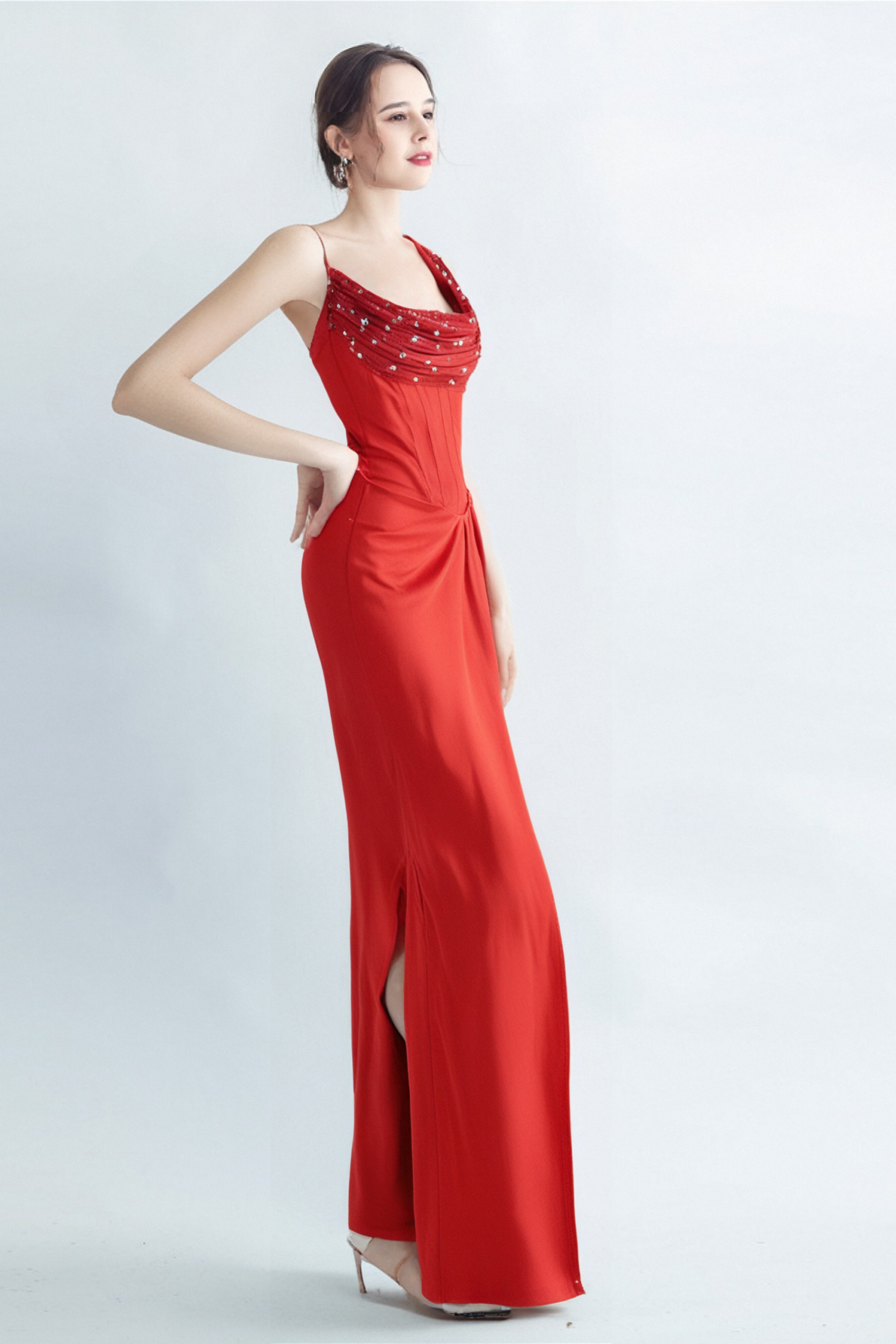 ELMA ONE-SHOULDER RED MAXI SLIT CRYSTAL DRESS