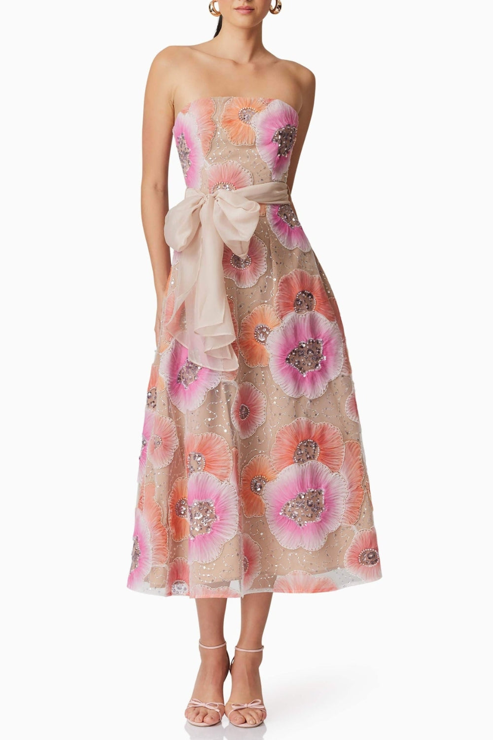 STRAPLESS FLOWER SEQUIN MIDI DRESS FOR PARTY