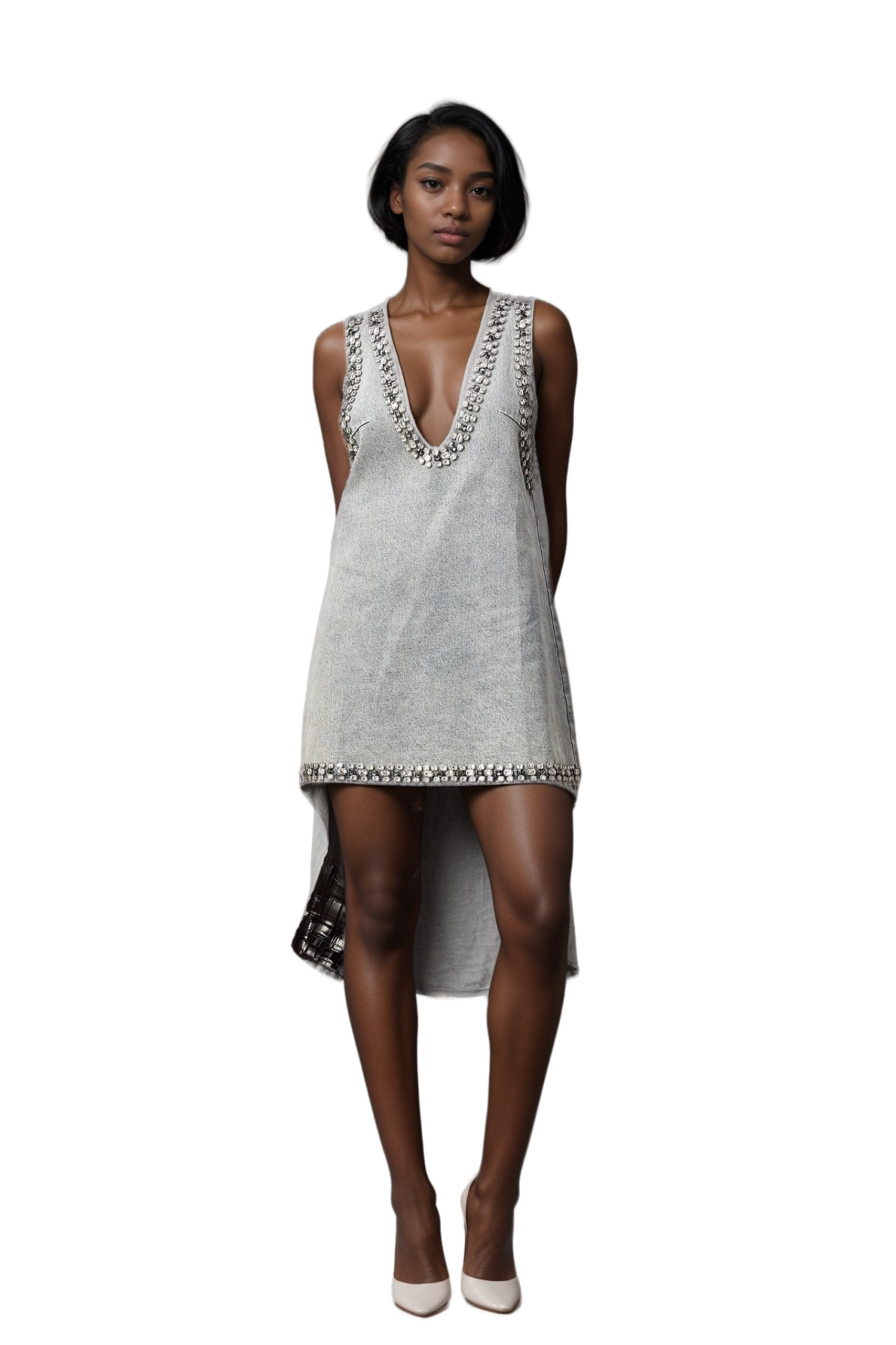 DAPHNE BLUE CRYSTAL SLEEVELESS DENIM MINI DRESS