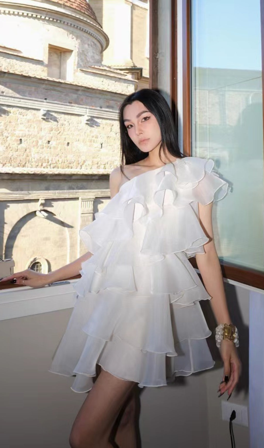 CAP SLEEVE ONE-SHOULDER TIERED MINI DRESS