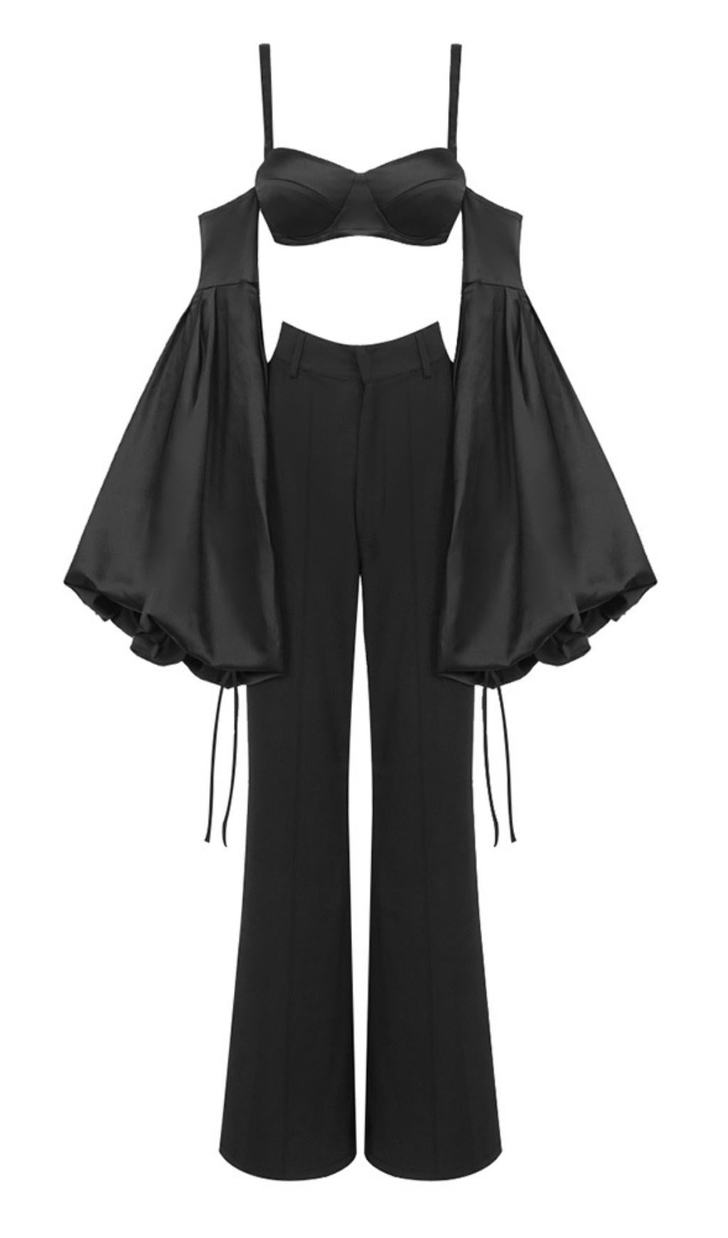BUBBLE SLEEVE TWO-PIECE BLACK SUIT SET