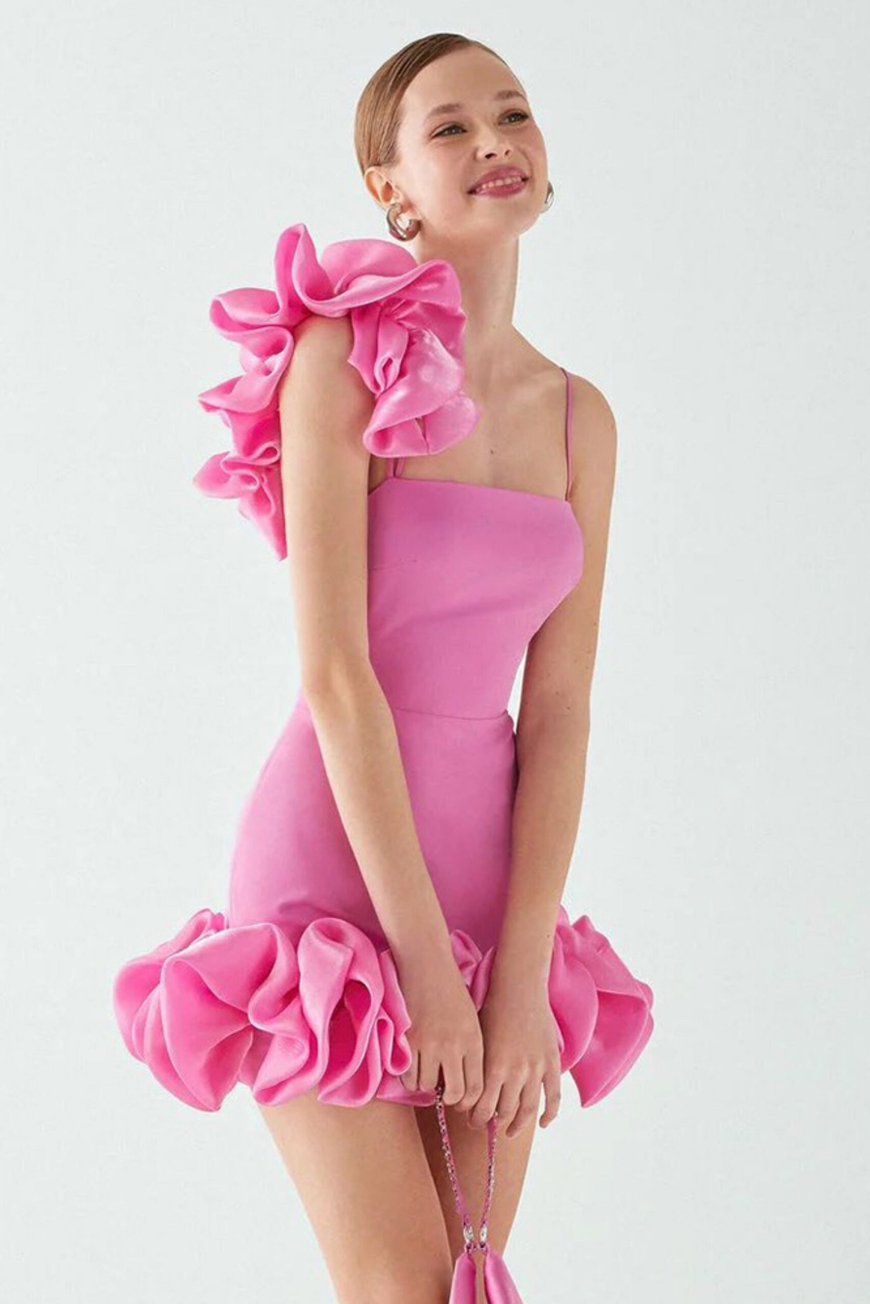 RUFFLE ONE SHOULDER PINK MINI DRESS FOR PARTY