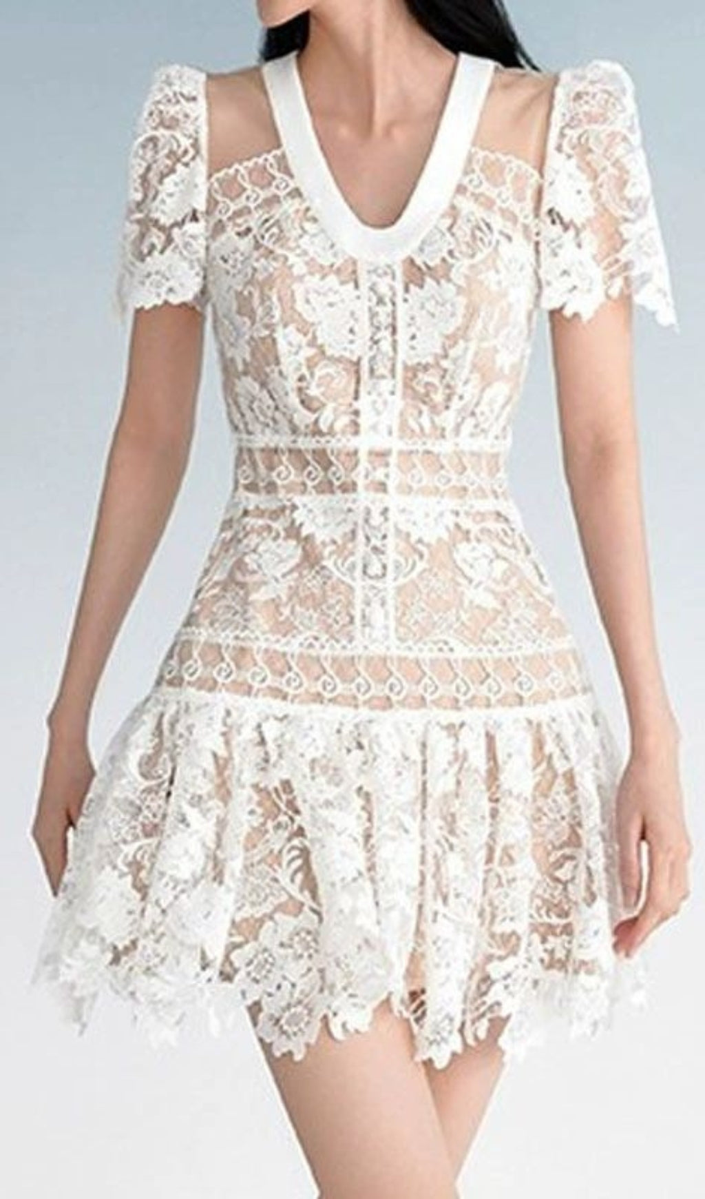 V-NECK LACE MINI DRESS WHITE WEDDING SHOWER