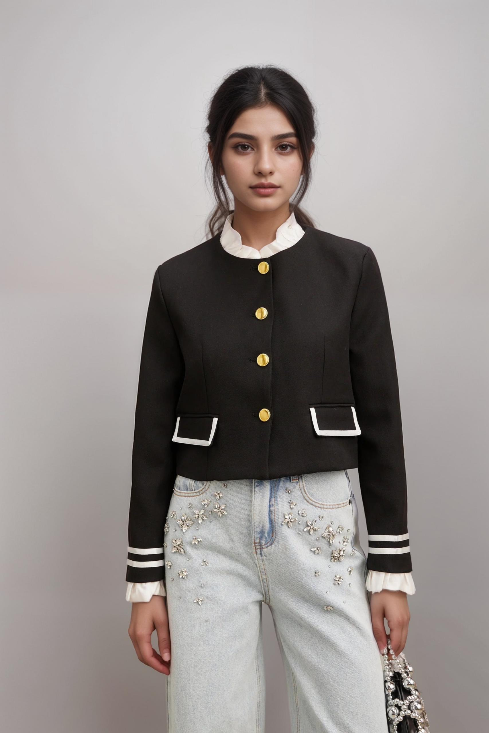 GÉRALDINE BLACK RUFFLE JACKET, BLAZER STYLE, EVENING