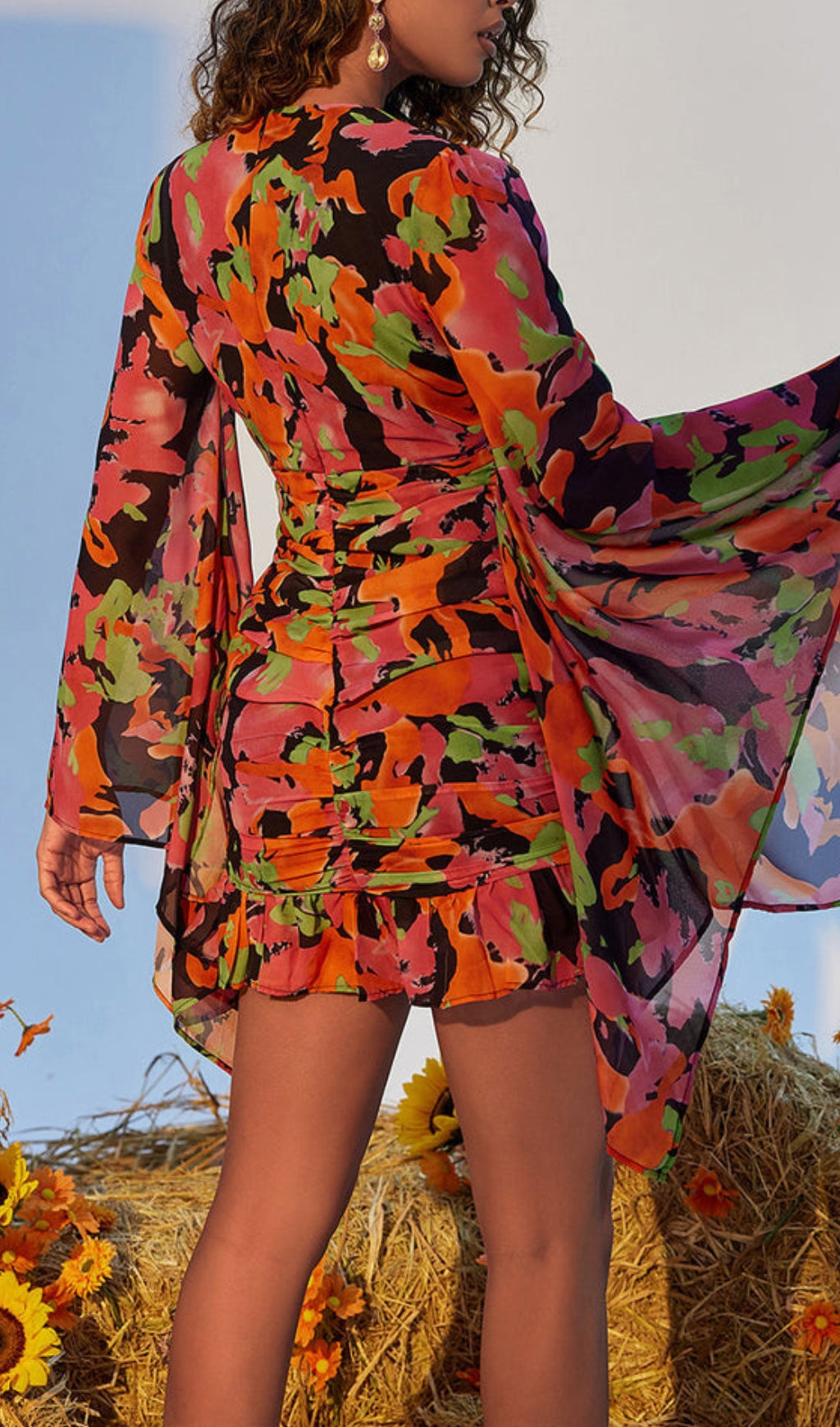 PRINTED RUFFLE MESH DRESS FOR PARTY