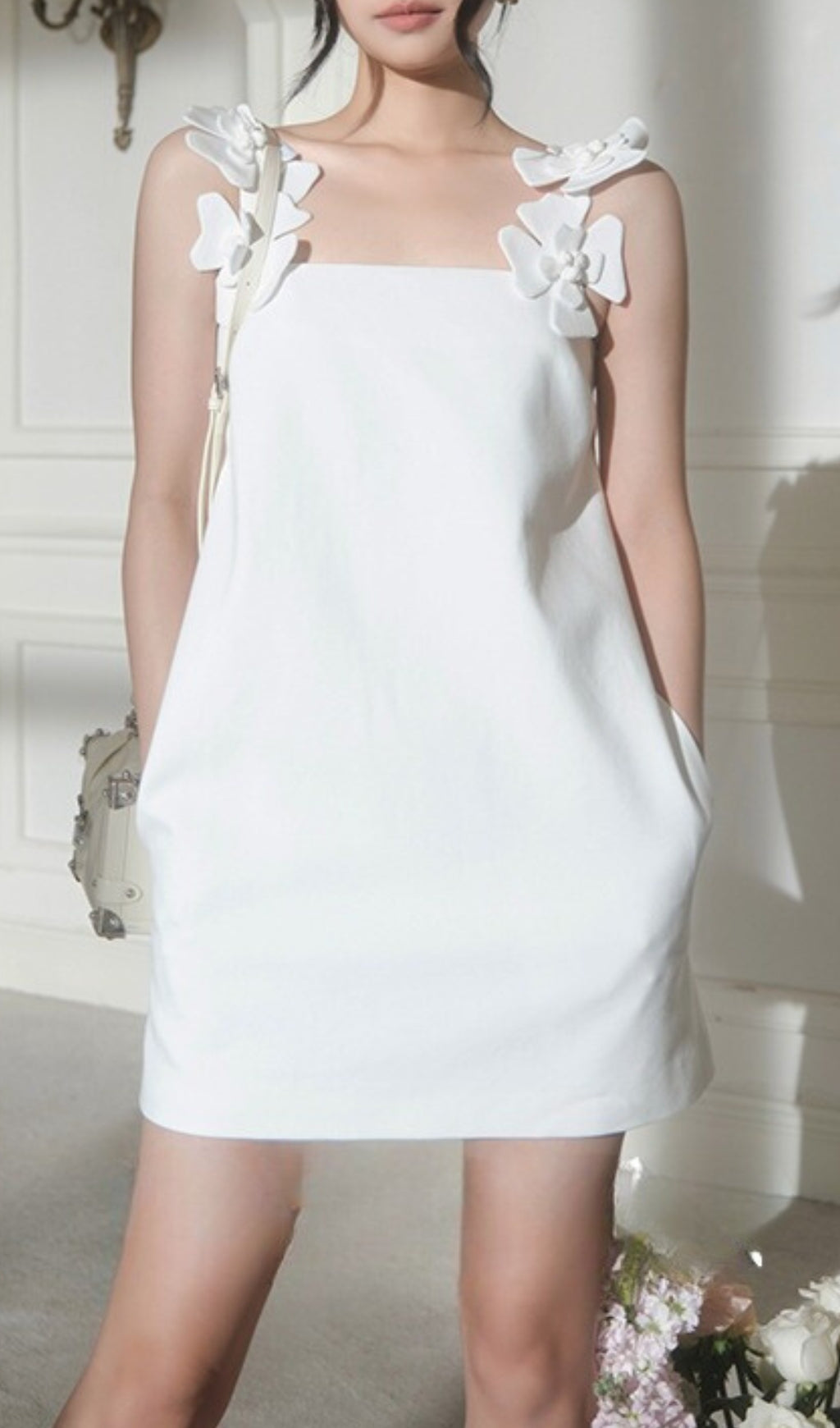 3D FLORAL WHITE HALTER MINI DRESS, WEDDING GUEST