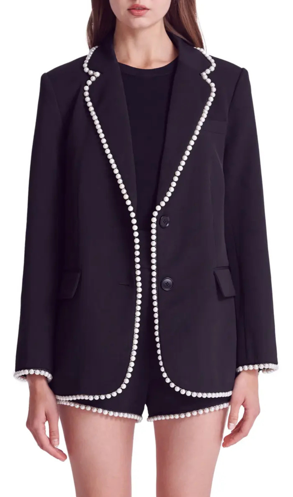 IMITATION PEARL TRIM BLAZER, BLACK, EVENING CHIC