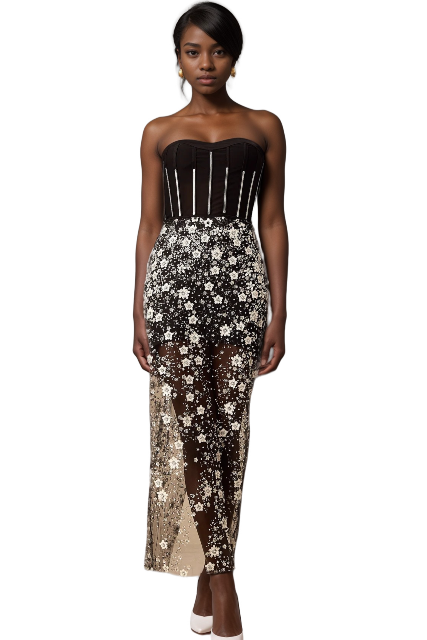 OPHÉLIE BLACK SEQUIN CORSET MIDI DRESS