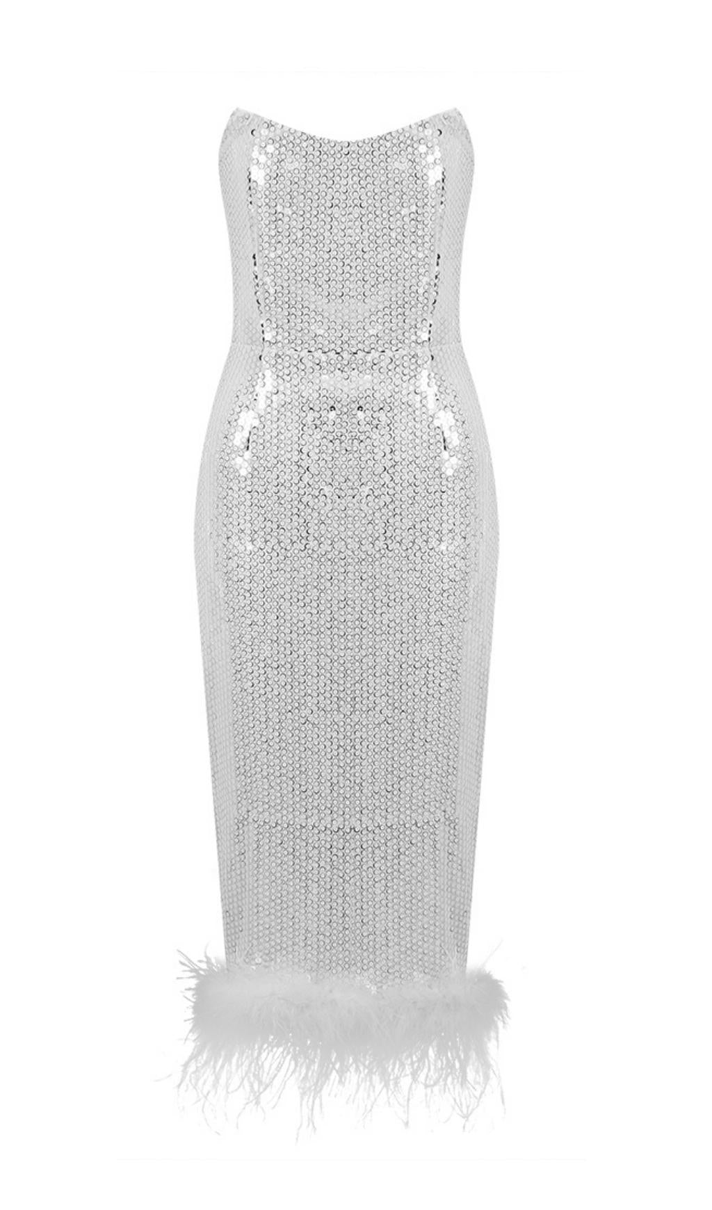SEQUIN FEATHER WHITE MIDI DRESS FOR PARTY