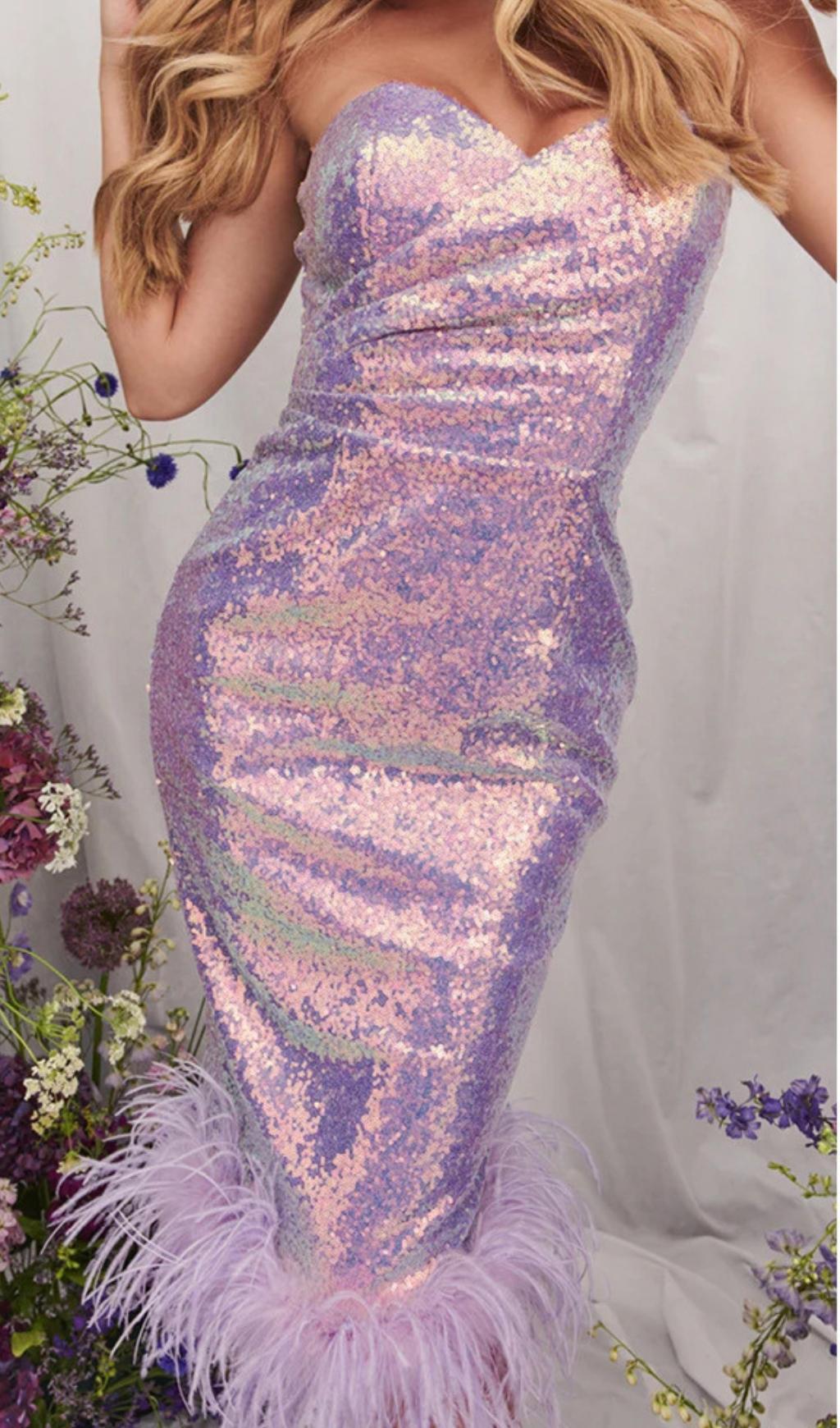 FEATHER SEQUIN PURPLE MIDI DRESS FOR PARTY