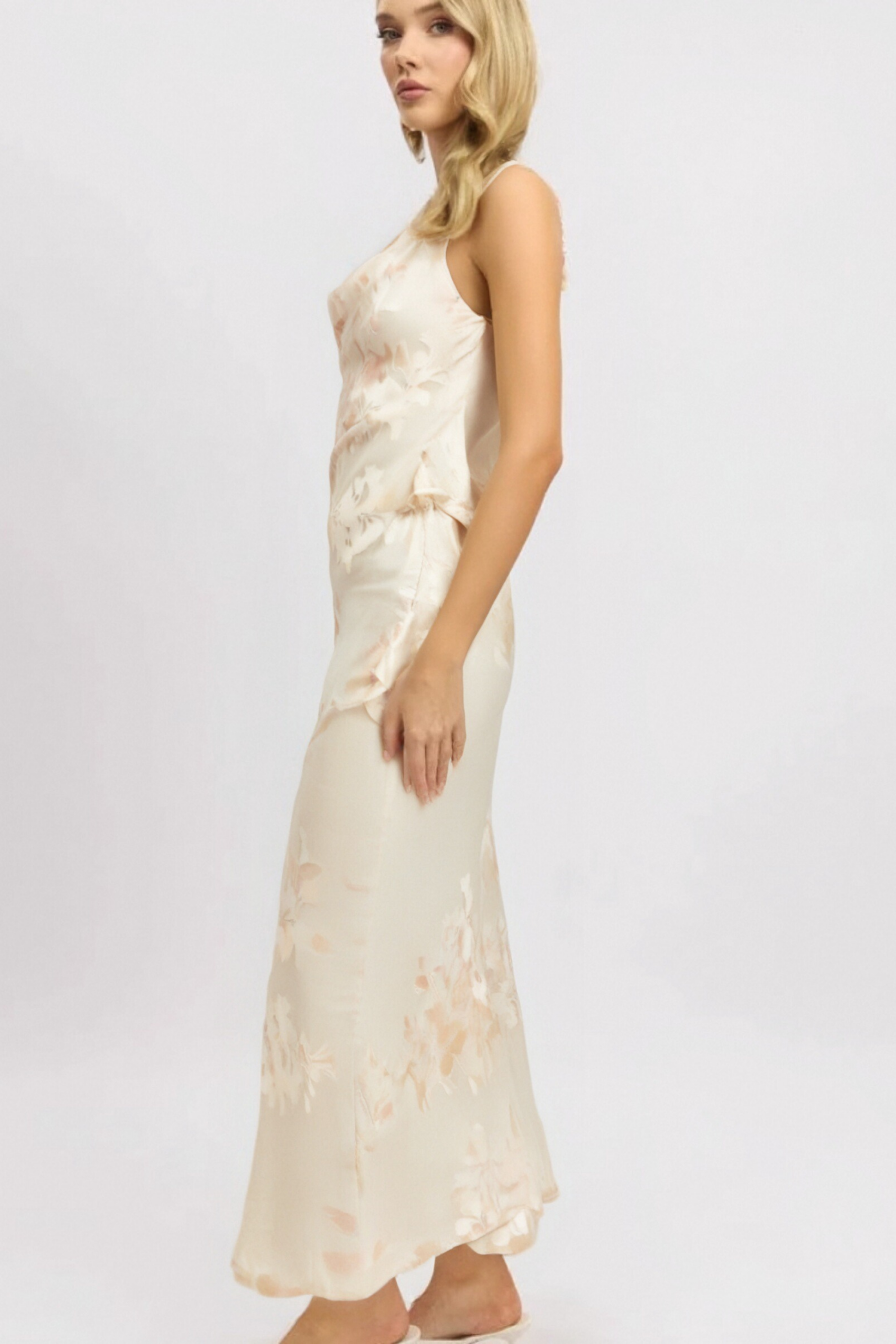 YOLANDA BEIGE FLORAL JACQUARD MIDI DRESS FOR WEDDING GUEST