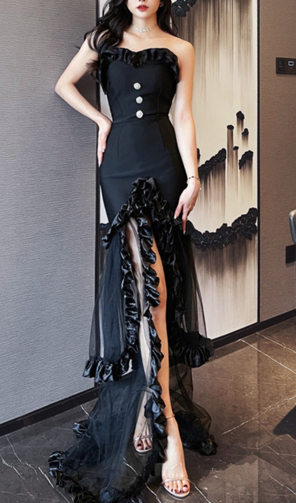 BLACK STRAPLESS TAIL MAXI DRESS, EVENING
