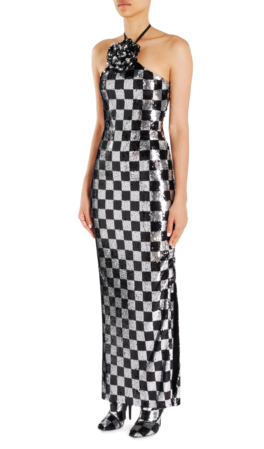 CHECKERBOARD SEQUIN HALTER FLOWER GOWN