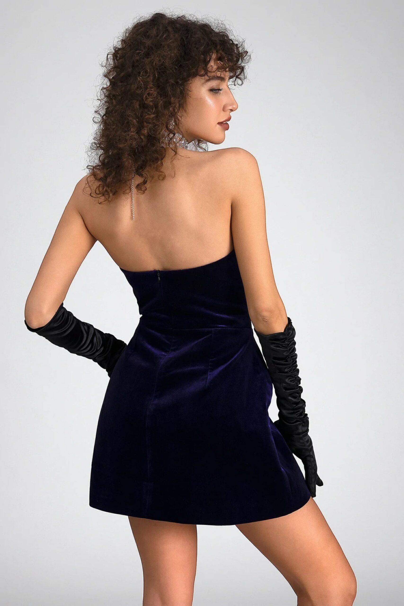 VELVET STRAPLESS PURPLE MINI DRESS FOR PARTY