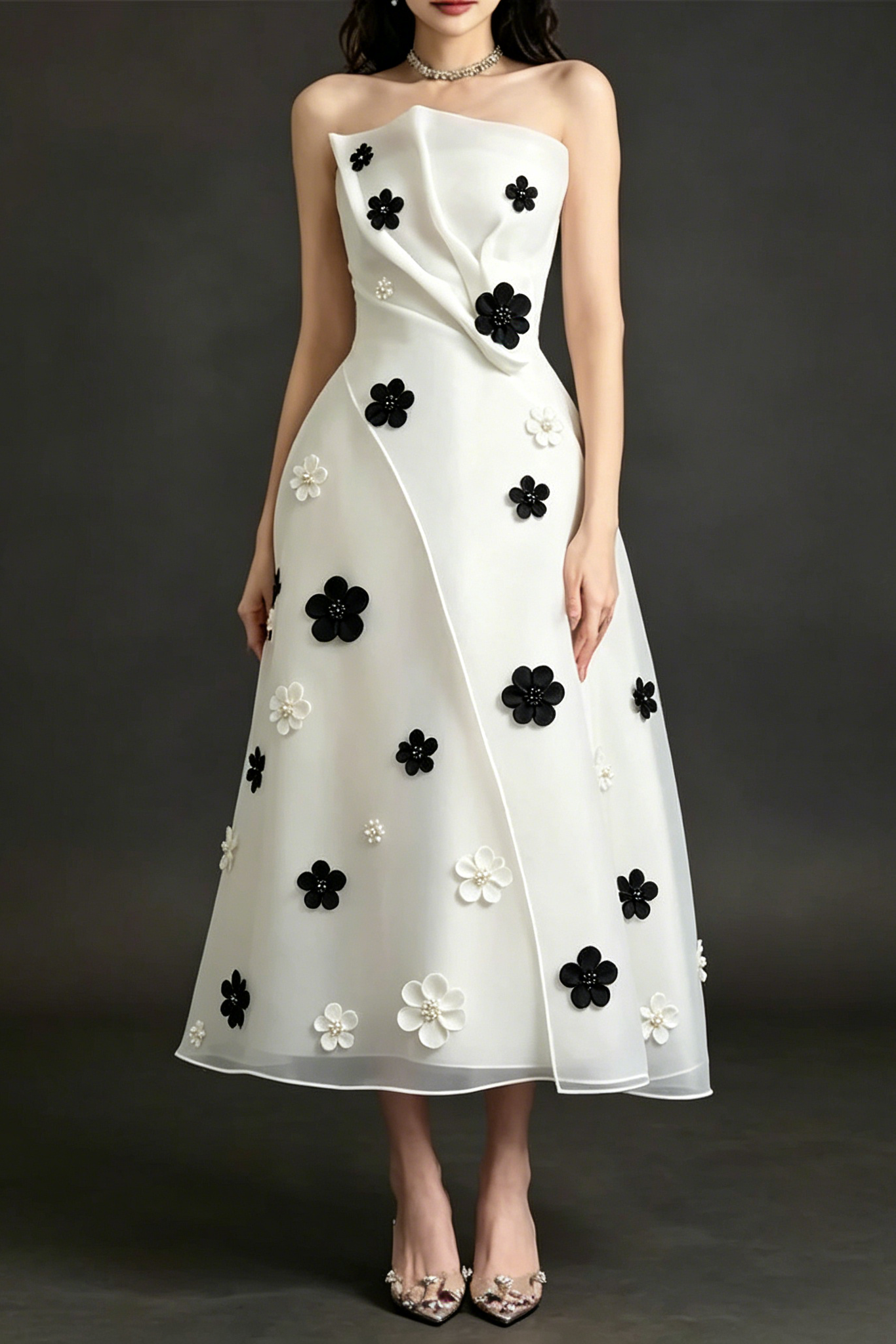 DRAPED STRAPLESS 3D FLORAL MIDI DRESS FOR EVENTS