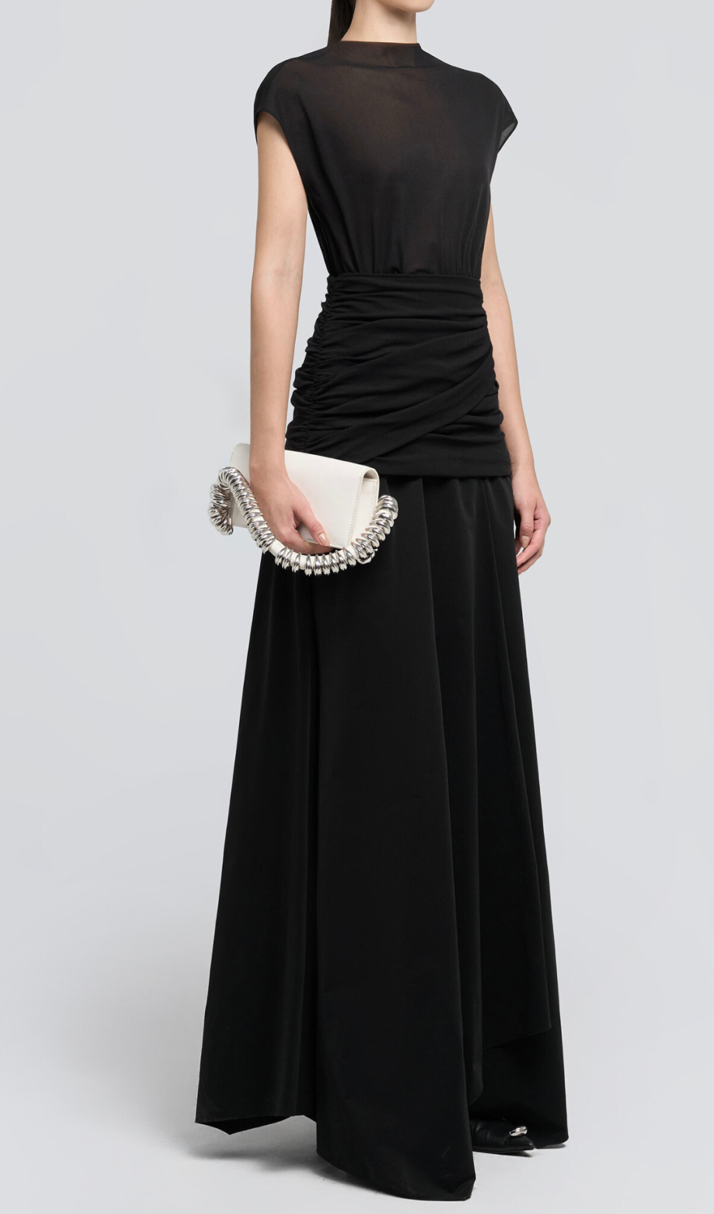 BLACK PLEATED ASYMMETRIC MIDI DRESS FOR EVENING