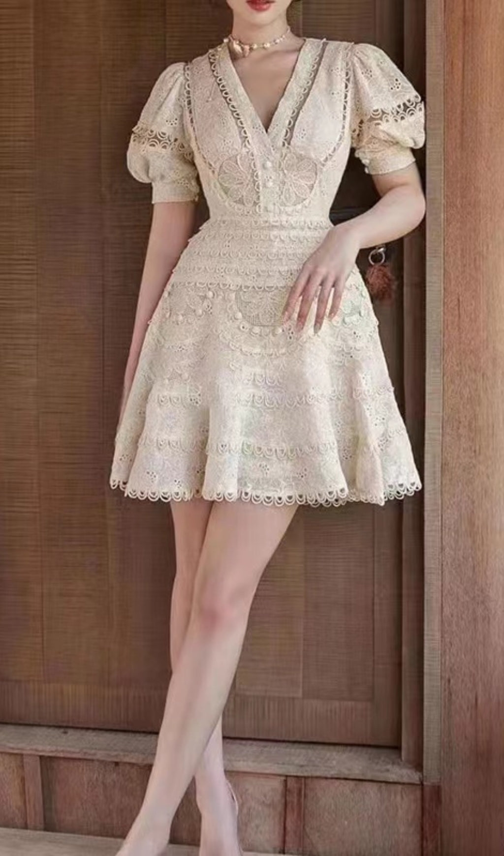 EMBROIDERED V-NECK MINI DRESS BEIGE