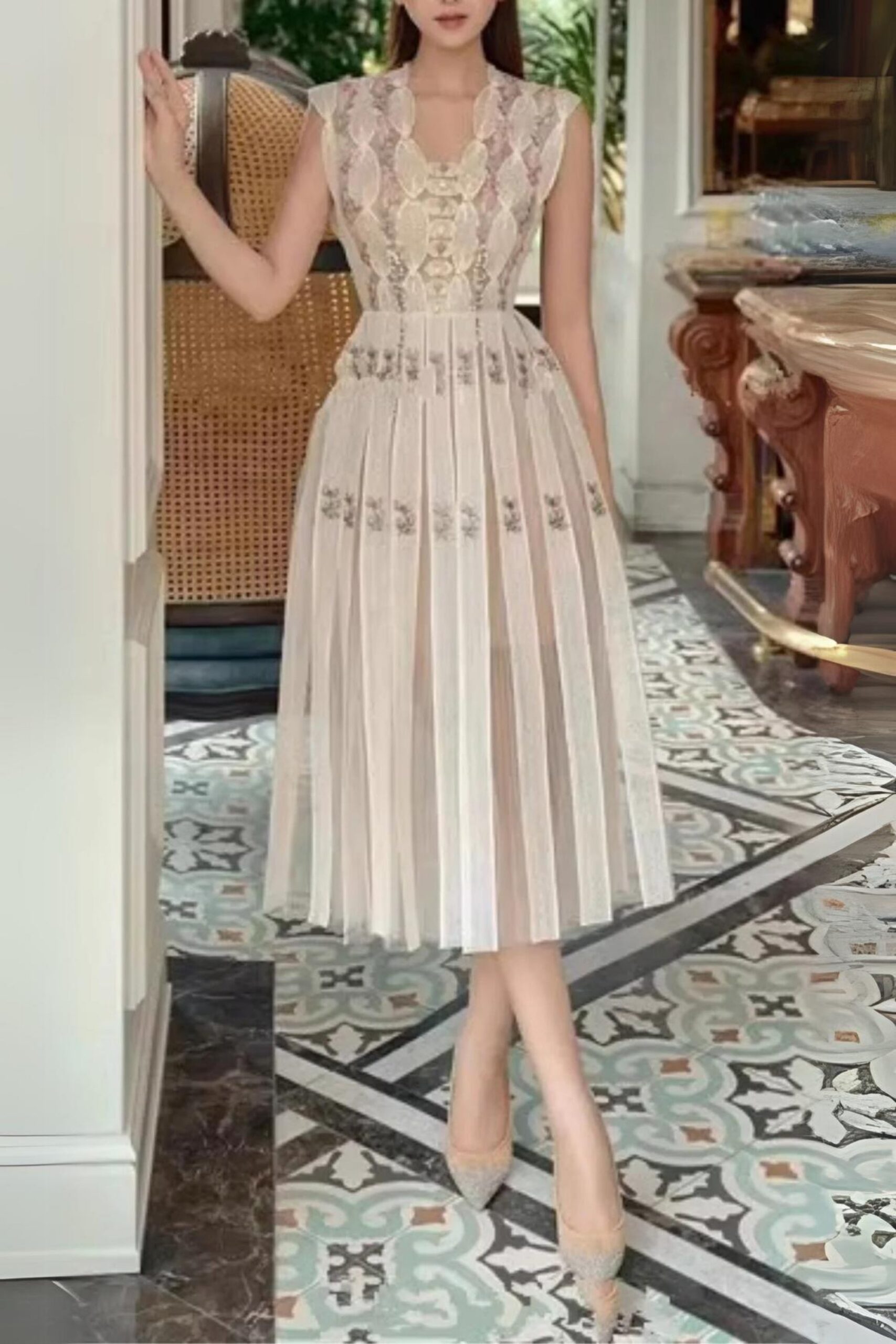 PEARL SLEEVELESS FLORAL MIDI DRESS FOR WEDDING