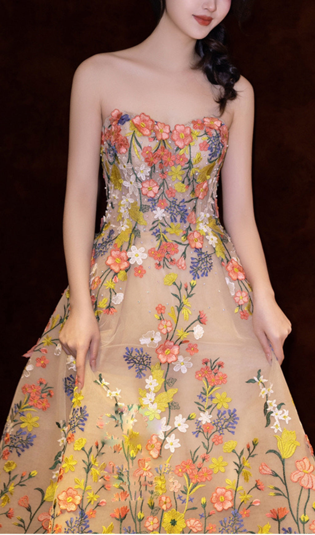 STRAPLESS FLORAL MIDI DRESS, TEA LENGTH, WEDDING GUEST