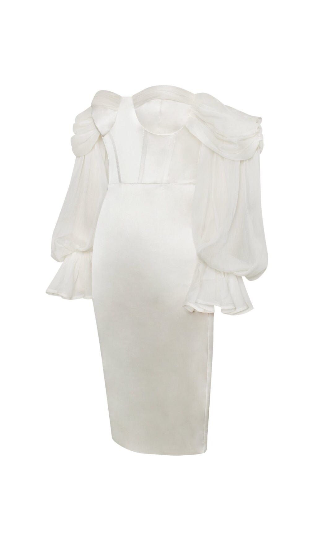LYDIA PEARL OFF-SHOULDER PUFF SLEEVE SATIN DRESS