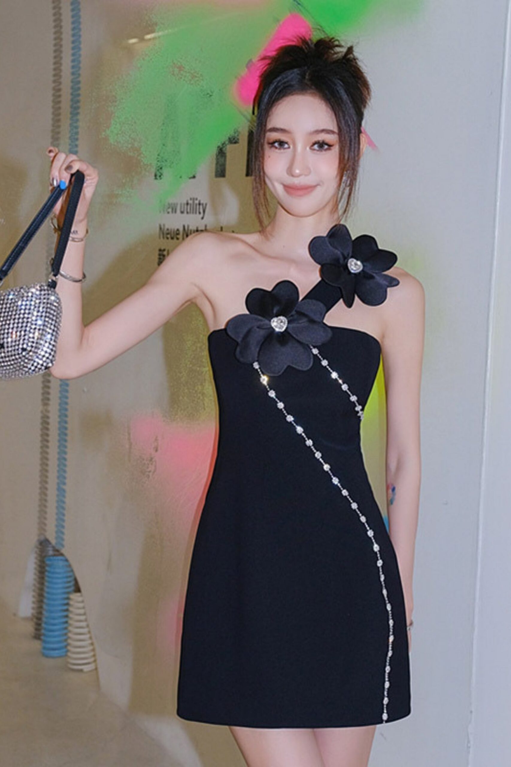 BLACK ONE SHOULDER MINI COCKTAIL DRESS