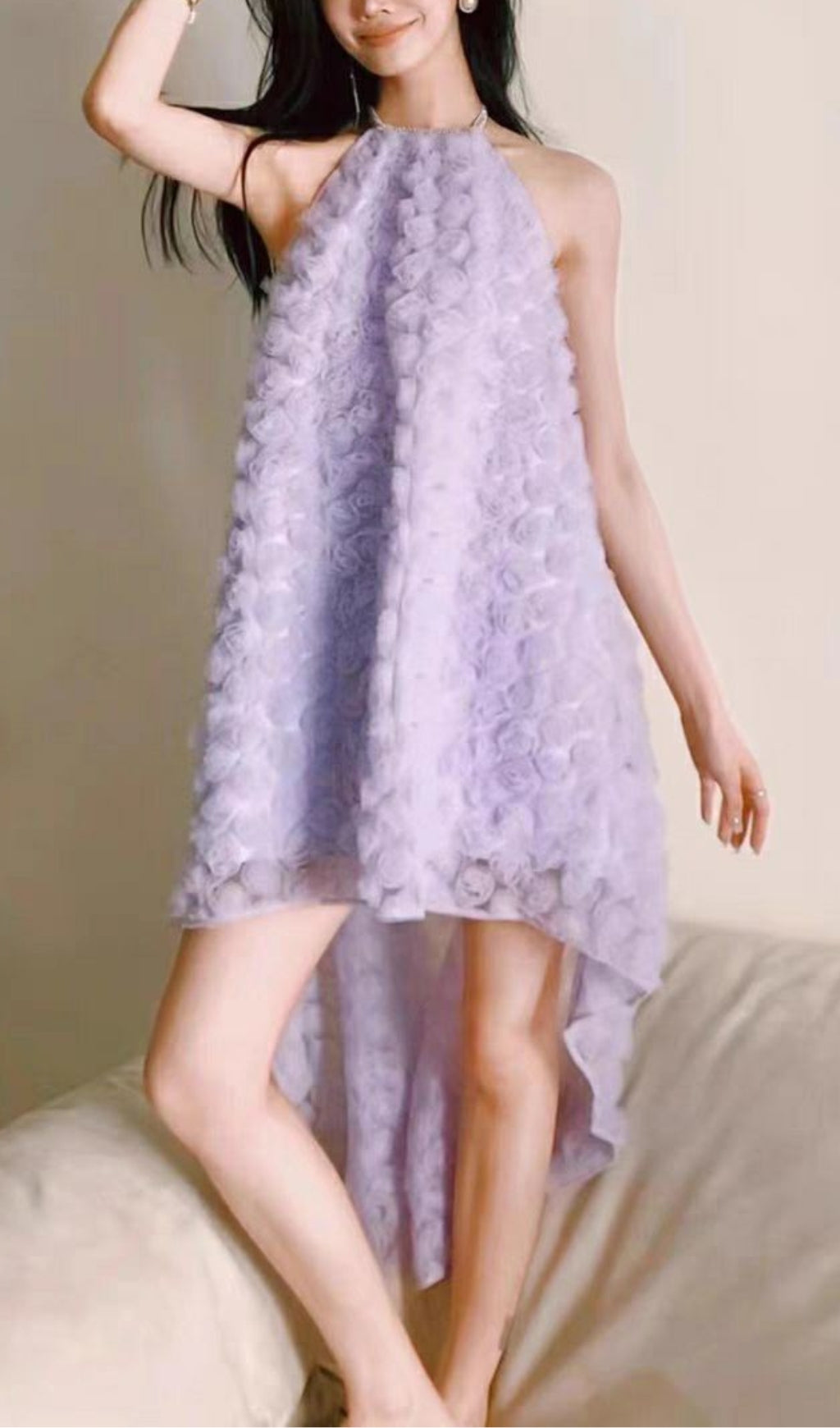 3D PURPLE ROSE HALTER BACKLESS MIDI DRESS