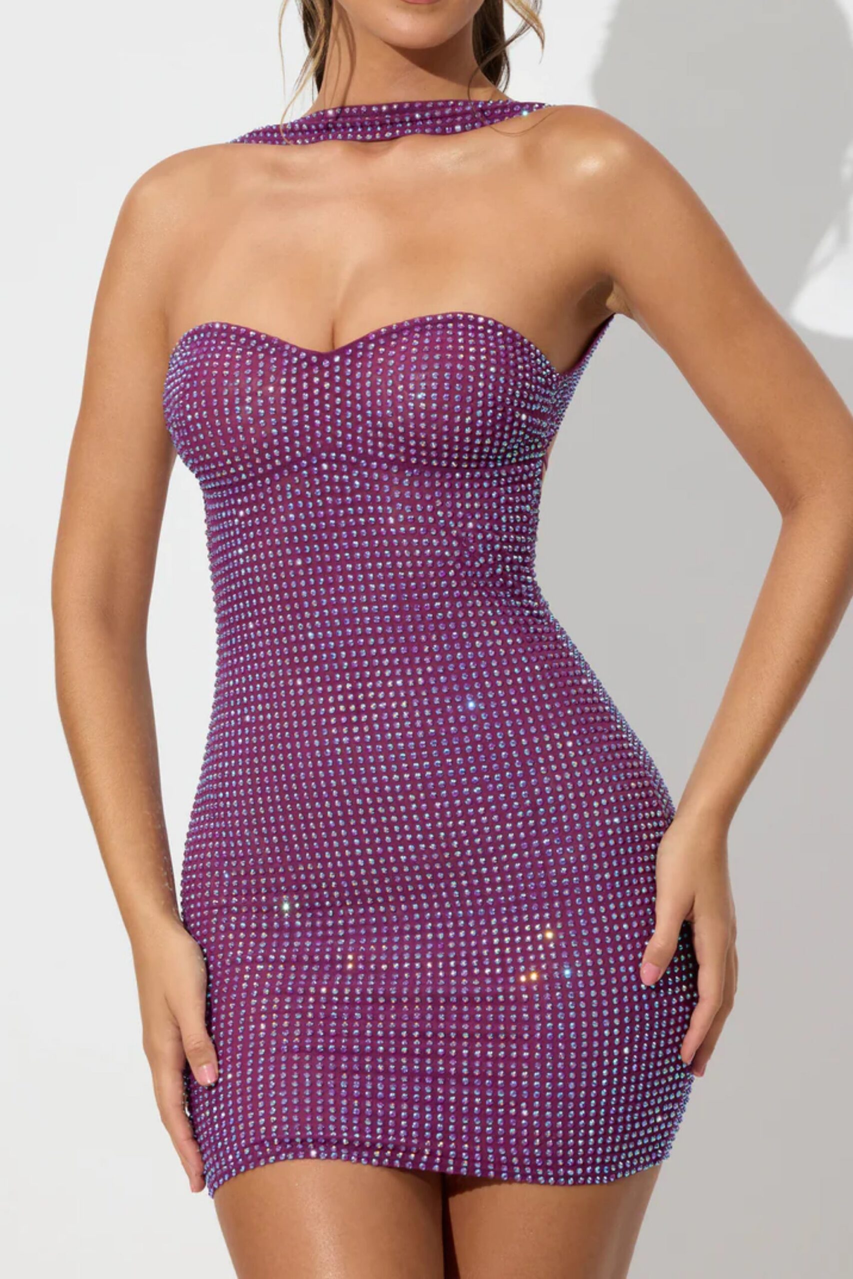 PURPLE BANDAGE MINI DRESS WITH EMBELLISHED DETAILS