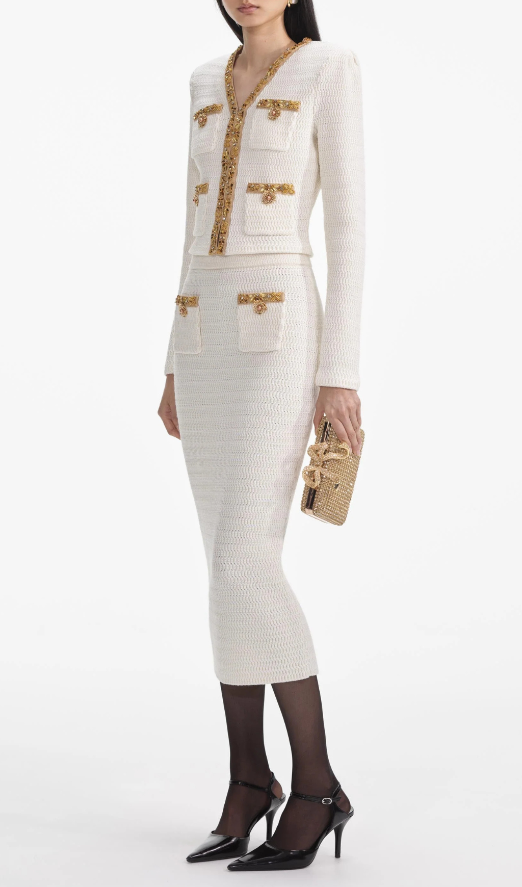 CREAM LUREX KNIT MIDI SKIRT, HOLIDAY PARTY