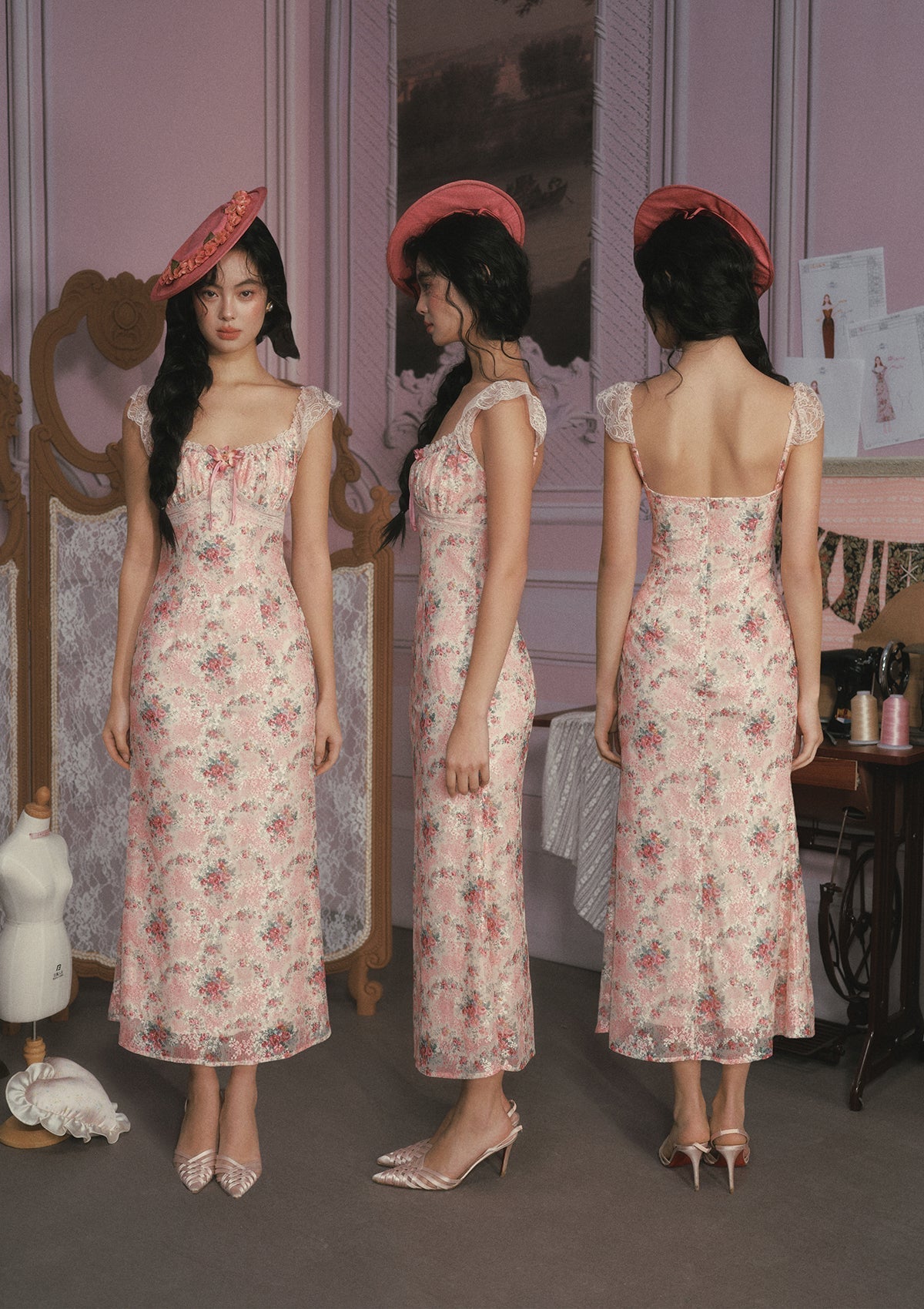 JULIE FLORAL LACE MIDI DRESS - PINK