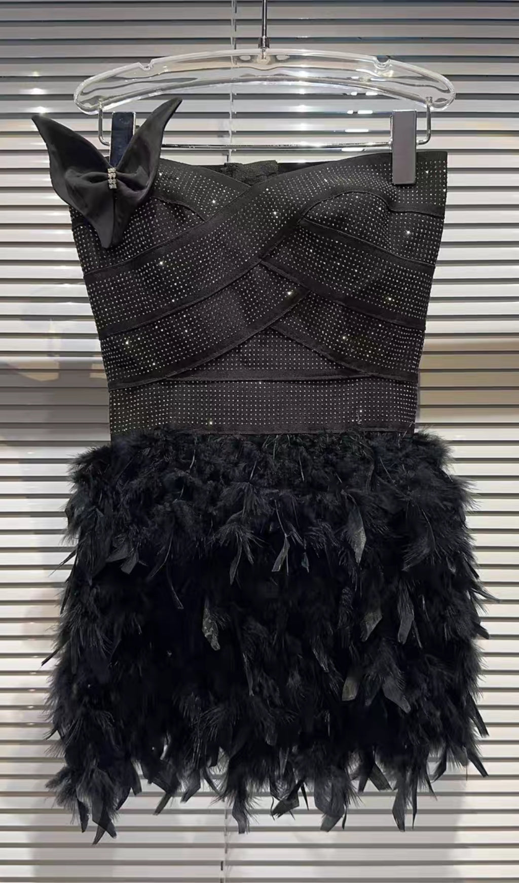 RHINESTONE FEATHER STRAPLESS MINI BLACK PARTY DRESS