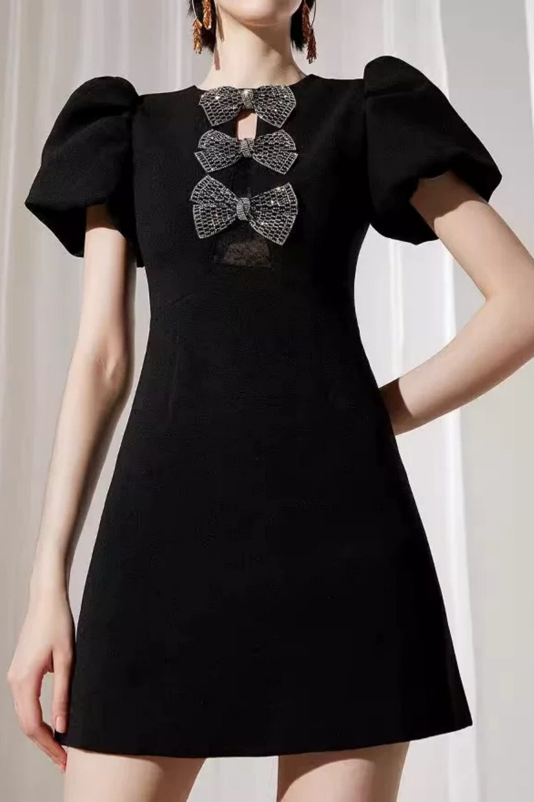 VANESSA BOW PUFF SLEEVE MINI BLACK COCKTAIL DRESS