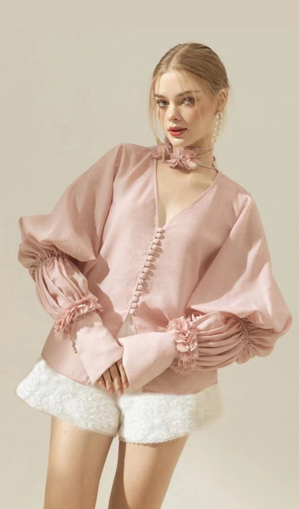 PUFF SLEEVE PINK TWO PIECE SUIT FOR WEDDING GUEST