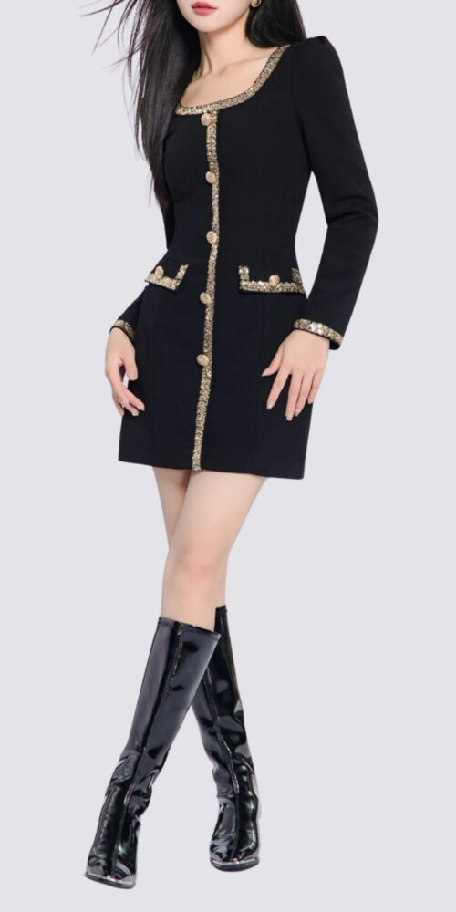 GOLD TRIM LONG SLEEVE MINI DRESS IN BLACK - mini dresses-long sleeve dresses-black dresses-black-regular size-long sleeve-hidden zipper-sexy-latest-new in dresses-party dress-prom dresses-homecoming dress-graduation dress-formal wear-clothing-dresses for women 2023-dress summer 2023-dress winter 2023dress women elegant luxury 2023 wedding-mini dress summer-mini dresses for women-formal dress women elegant
