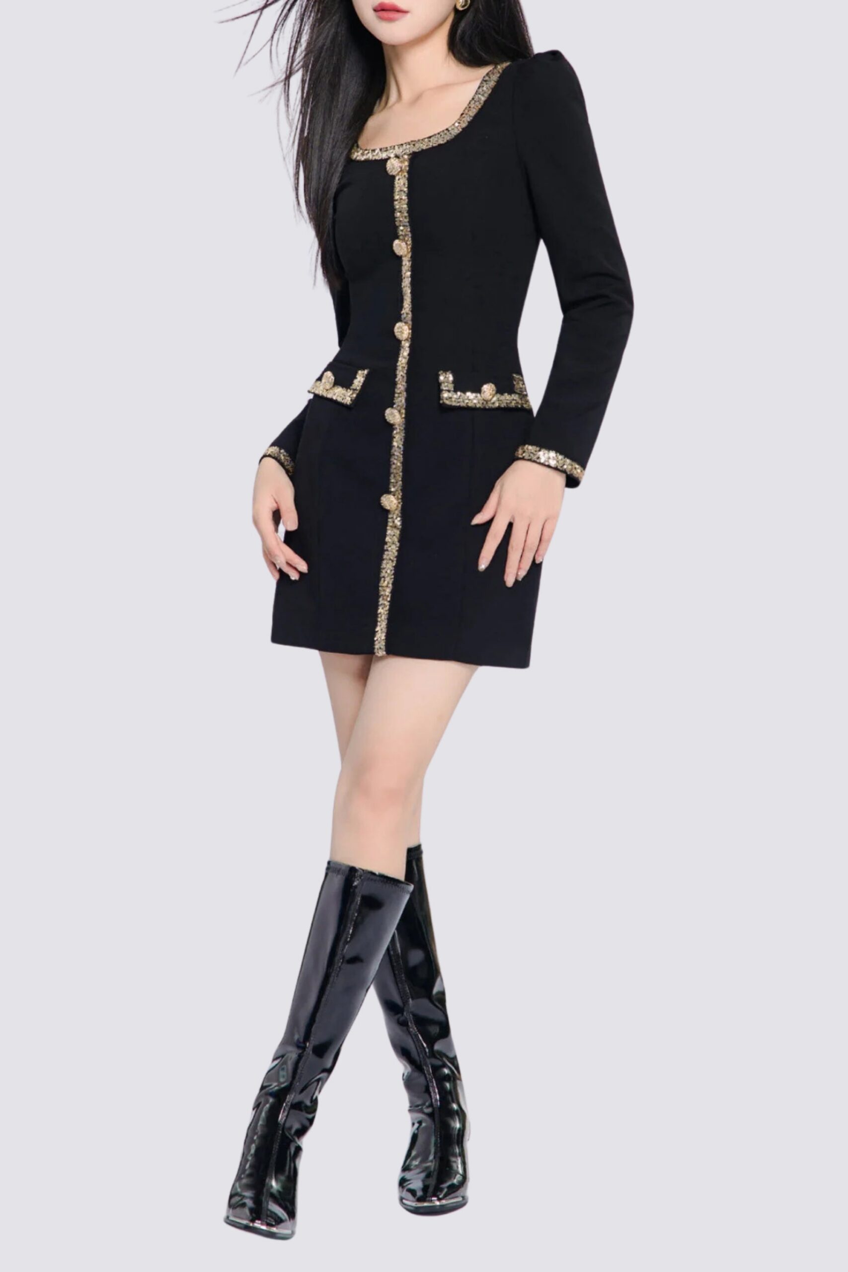 GOLD TRIM LONG SLEEVE MINI DRESS IN BLACK - mini dresses-long sleeve dresses-black dresses-black-regular size-long sleeve-hidden zipper-sexy-latest-new in dresses-party dress-prom dresses-homecoming dress-graduation dress-formal wear-clothing-dresses for women 2023-dress summer 2023-dress winter 2023dress women elegant luxury 2023 wedding-mini dress summer-mini dresses for women-formal dress women elegant