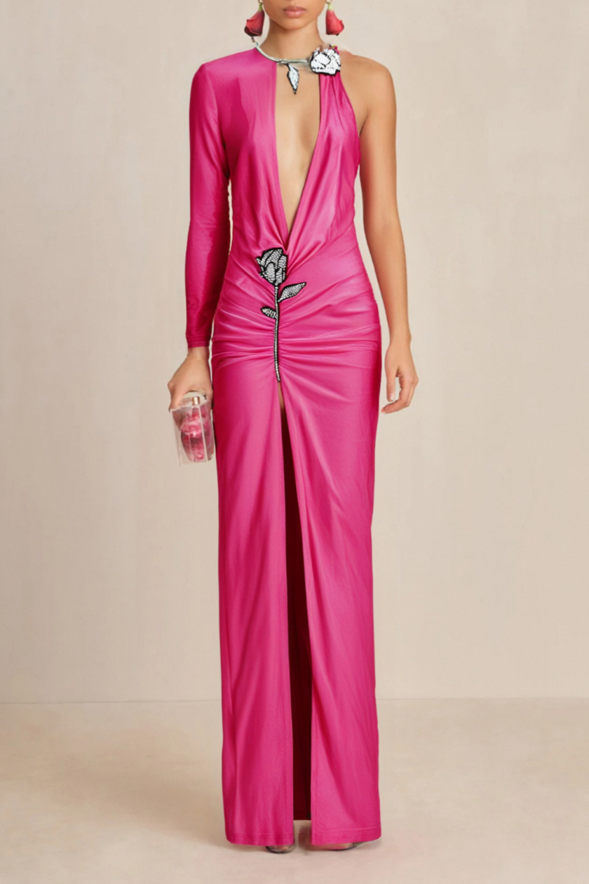 3_c2d4ddc0-3d72-47c2-9d15-ec925c9d2bc6 CRYSTAL FLOWER CUTOUT RUCHED COCKTAIL DRESS