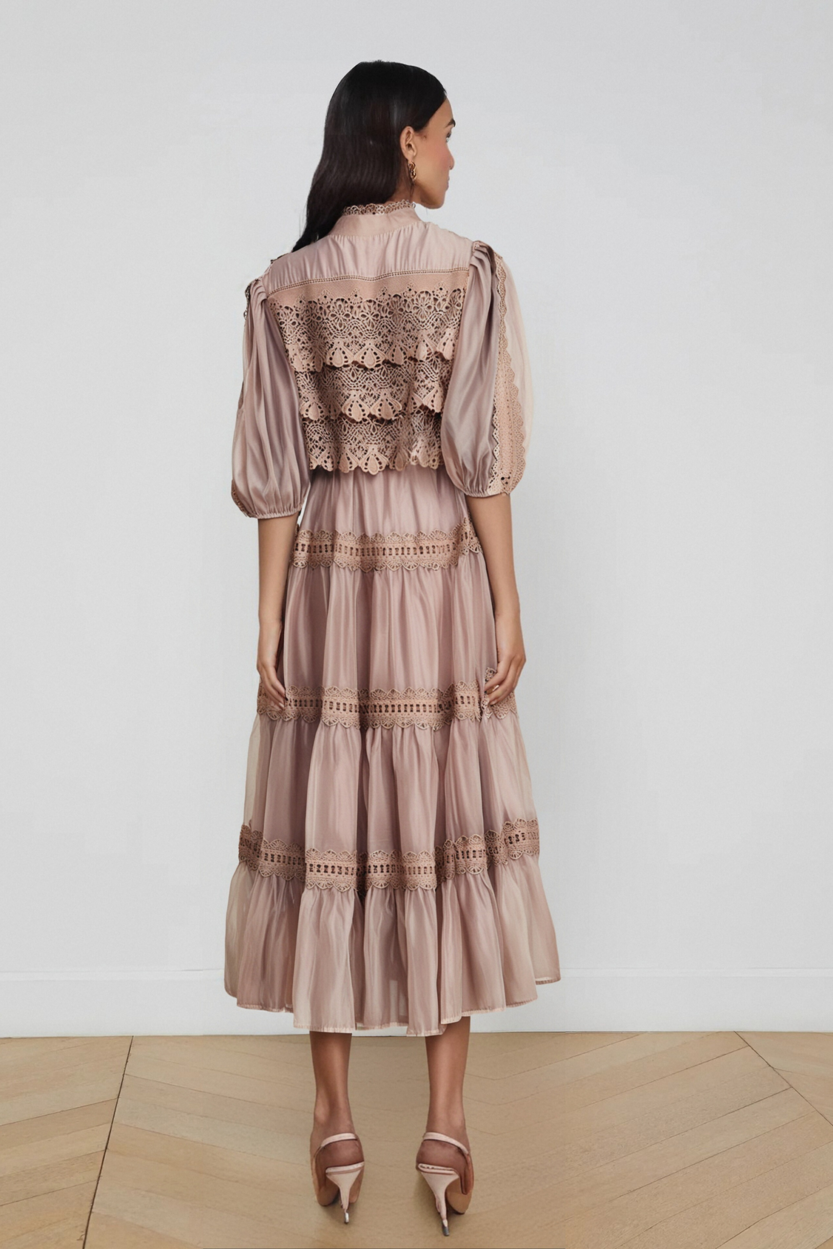 INÈS LACE CUT-OUT TIERED MIDI DRESS