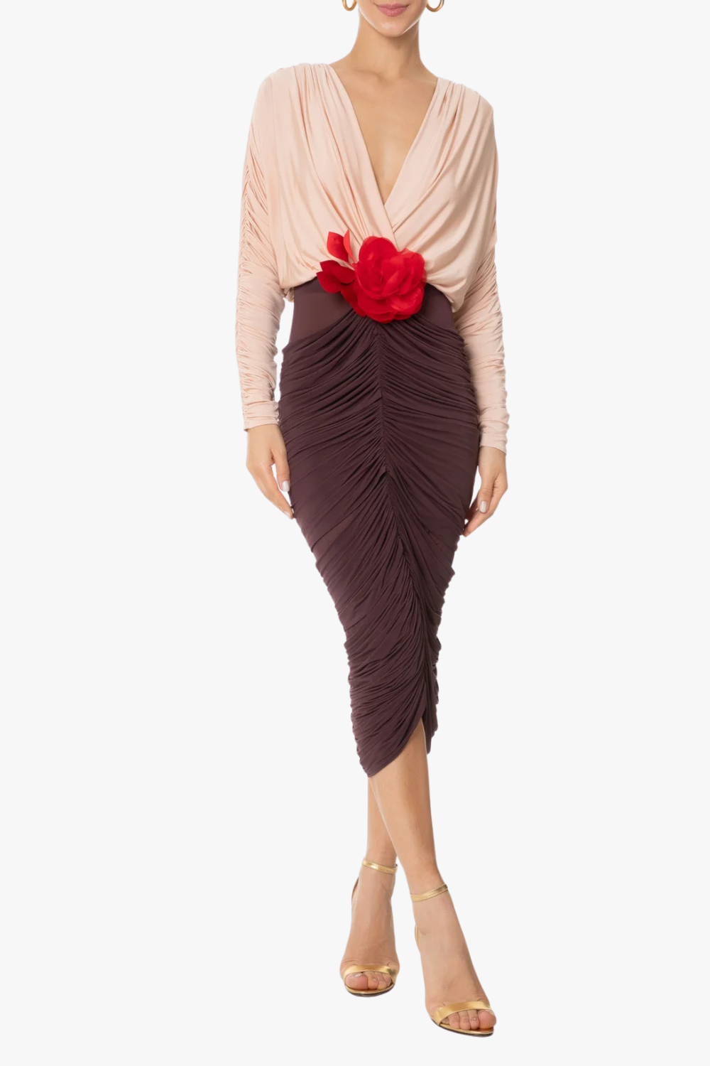 LONG SLEEVE TWO-TONE PLEATED MIDI DRESS BROWN