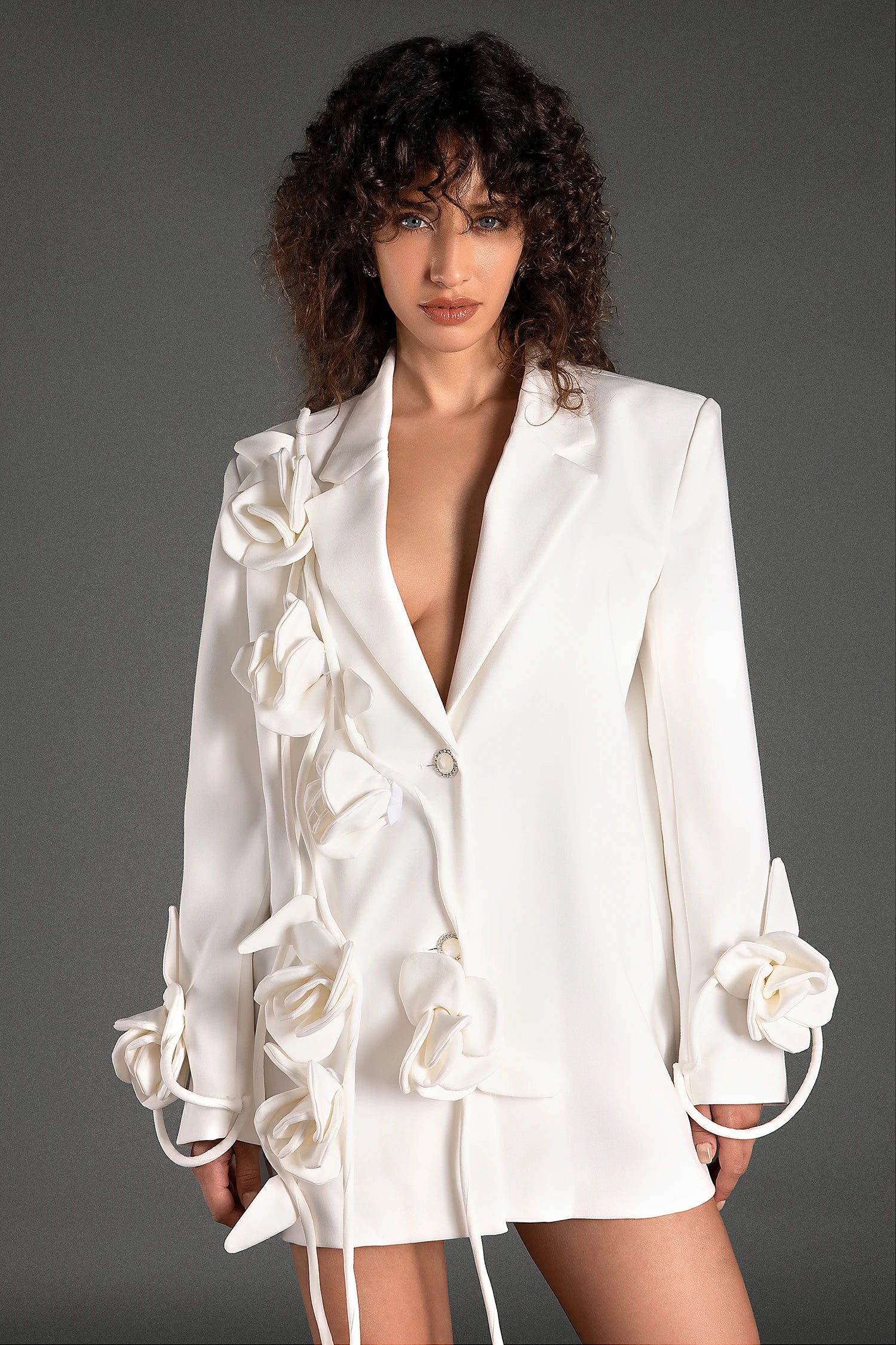 MUSTIDIS 3D FLOWER LAPEL BLAZER, LONG SLEEVE PARTY