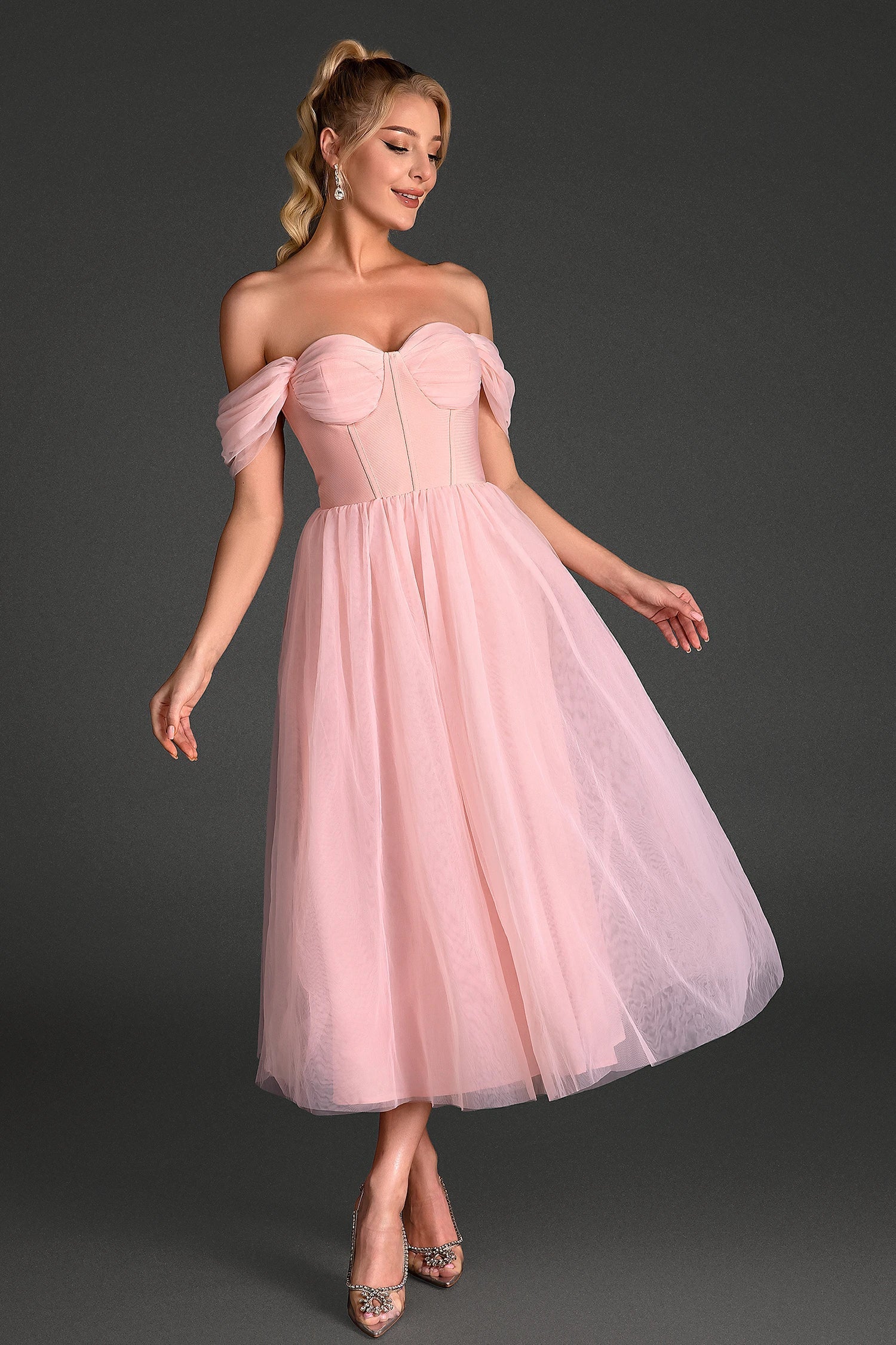 SIMAS OFF-SHOULDER PATCHWORK MESH PARTY DRESS