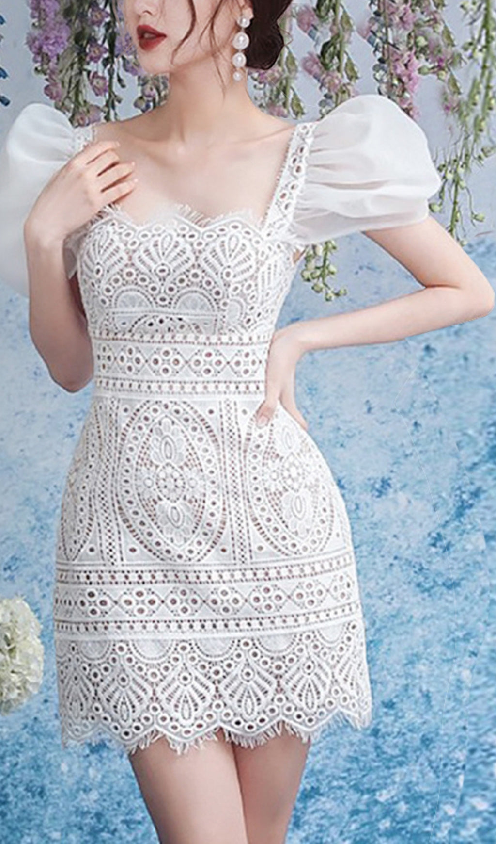 RETRO PUFF SLEEVE LACE MINI DRESS FOR PARTY