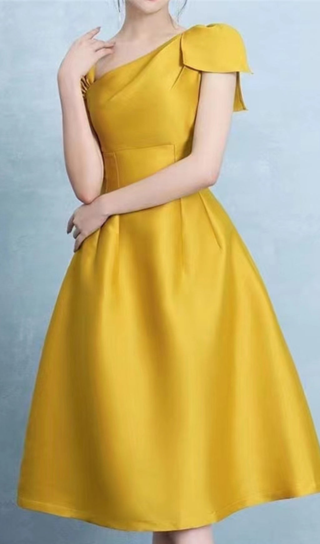 YELLOW ASYMMETRIC DRESS | OFF-SHOULDER PARTY MAXI