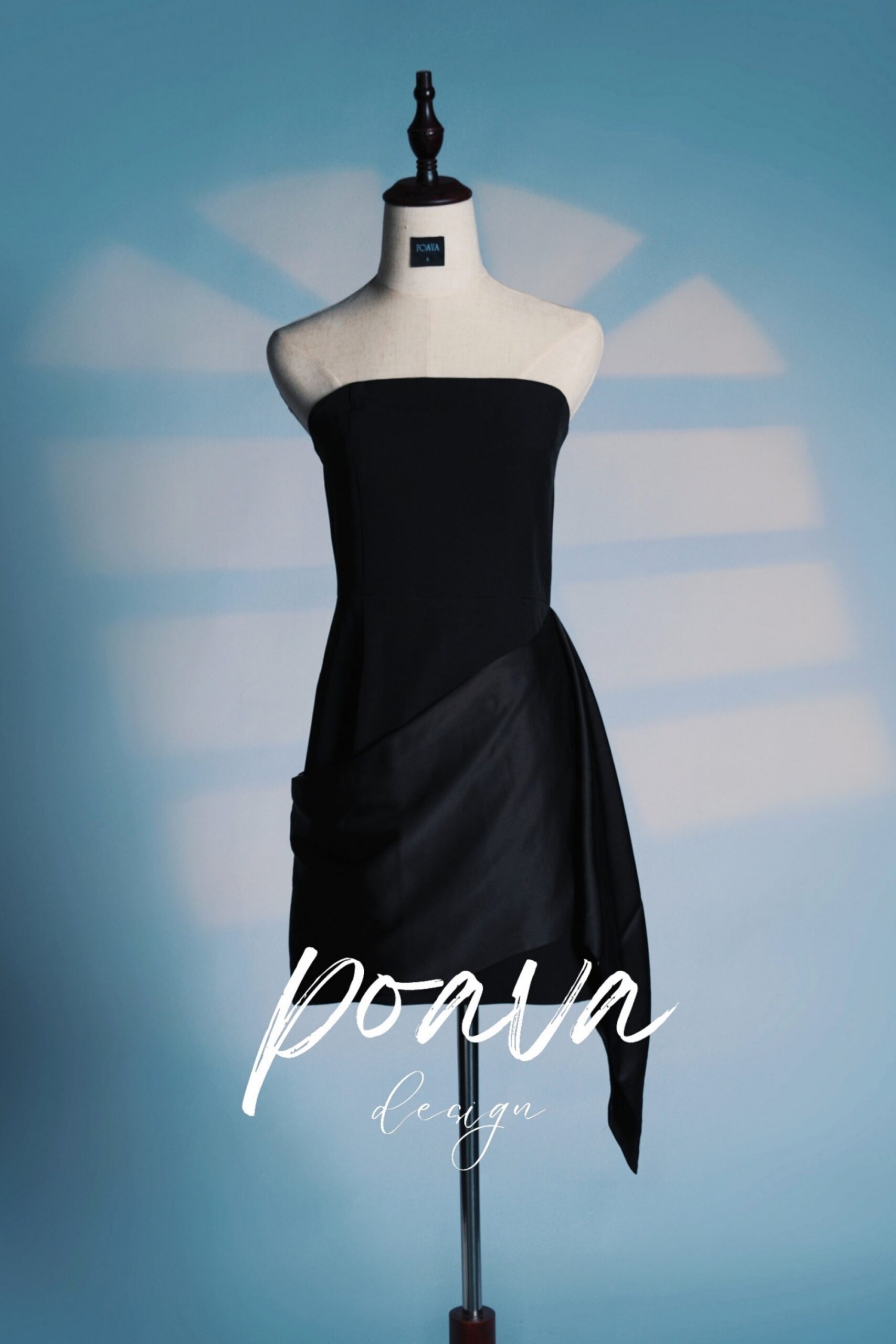 BLACK SATIN BANDEAU MINI DRESS, DRAPE SKIRT, COCKTAIL