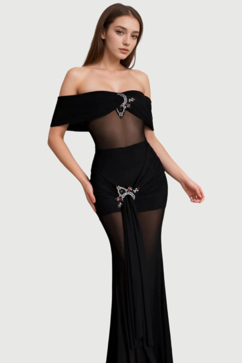BLACK SHEER MESH CRYSTAL DRESS EVENING