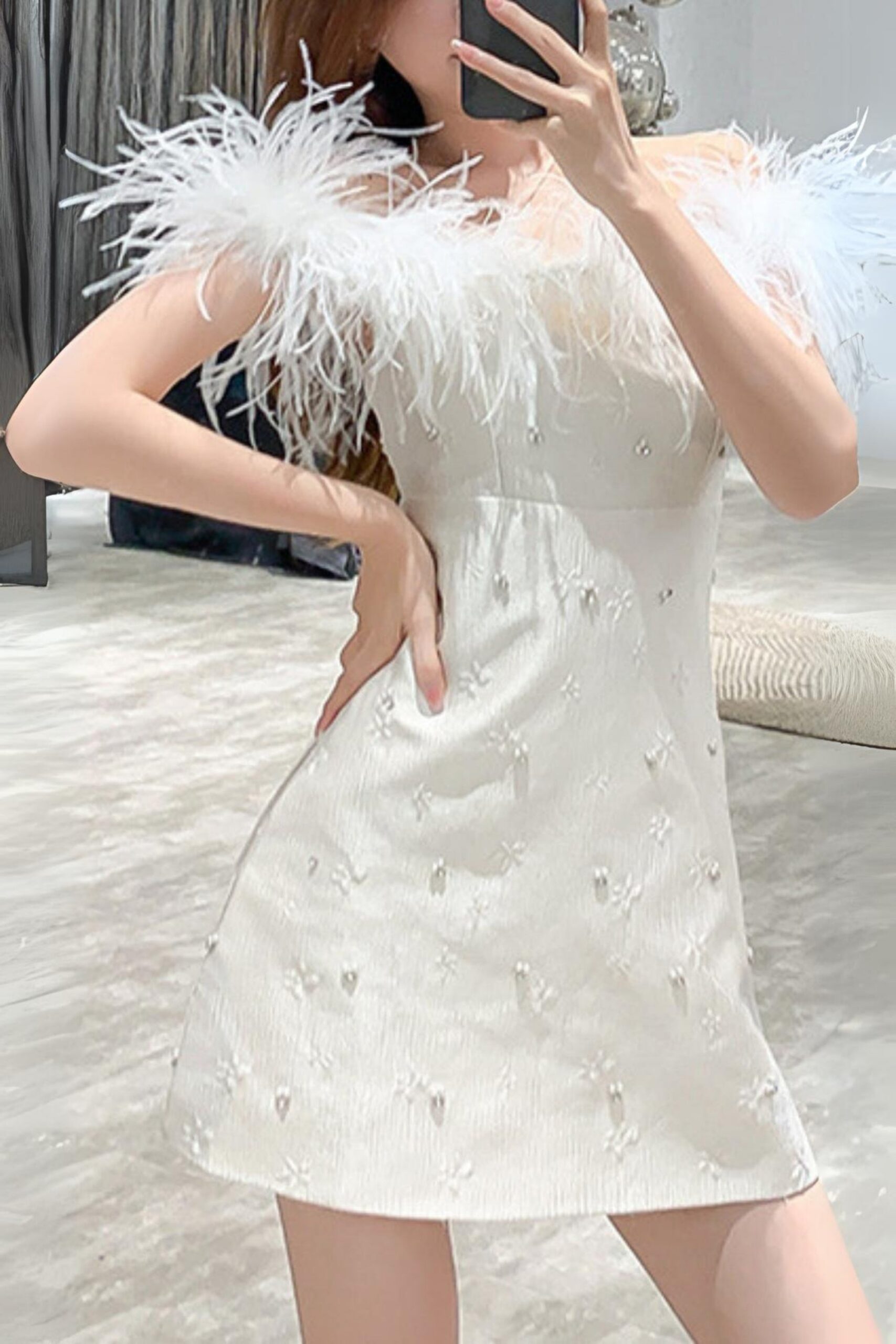 SEXY ONE-SHOULDER FEATHER MINI DRESS FOR PARTY