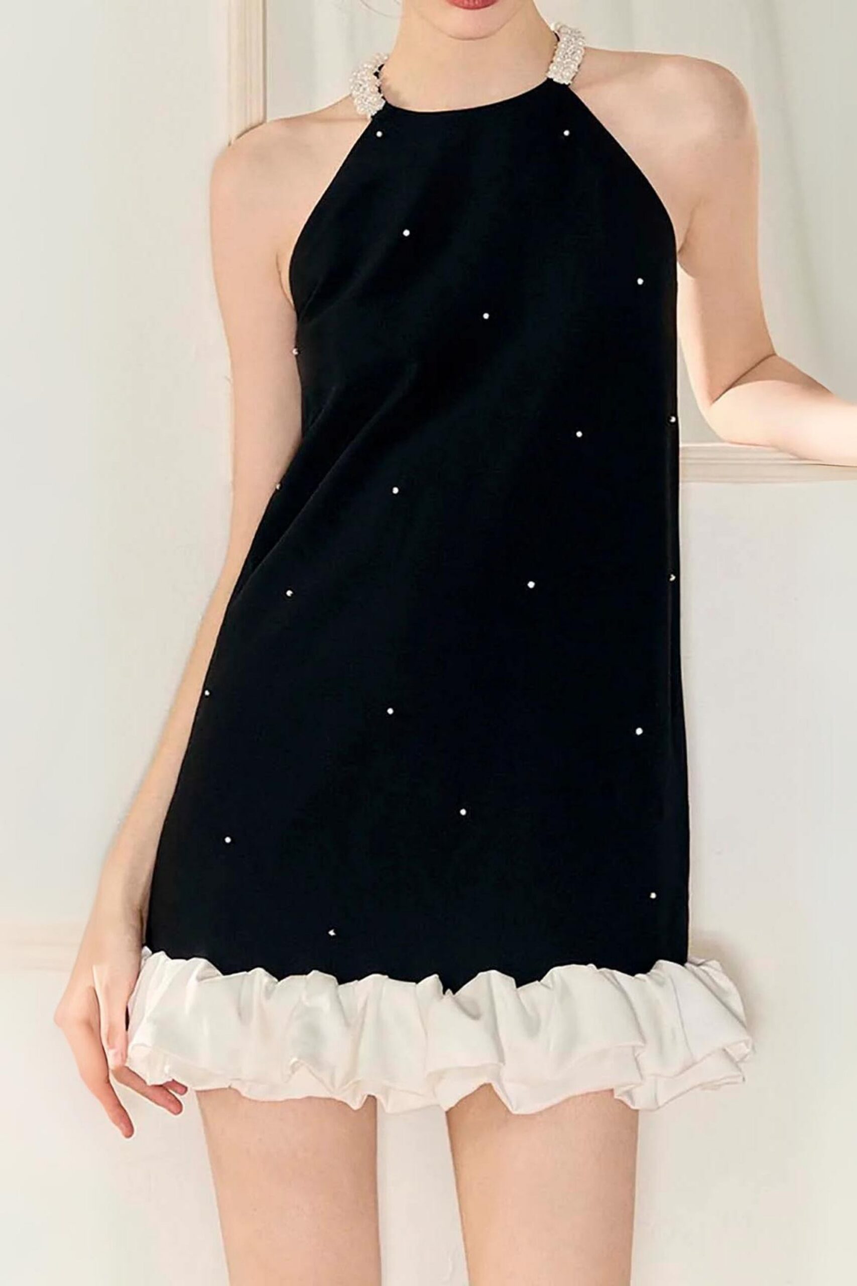 FRILL PEARL MINI DRESS BLACK COCKTAIL PARTY