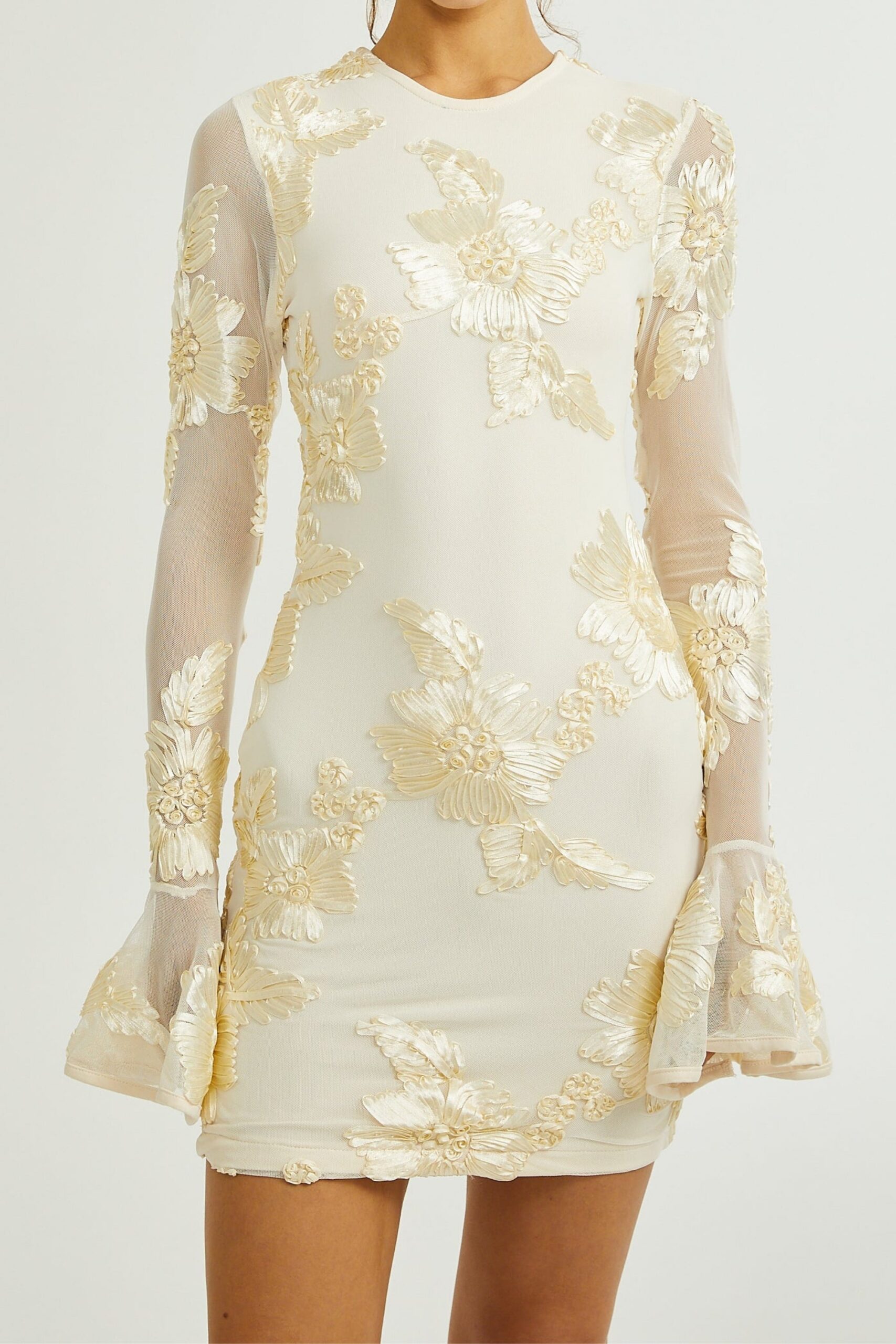 EMBROIDERED MESH FLARE SLEEVE MINI DRESS