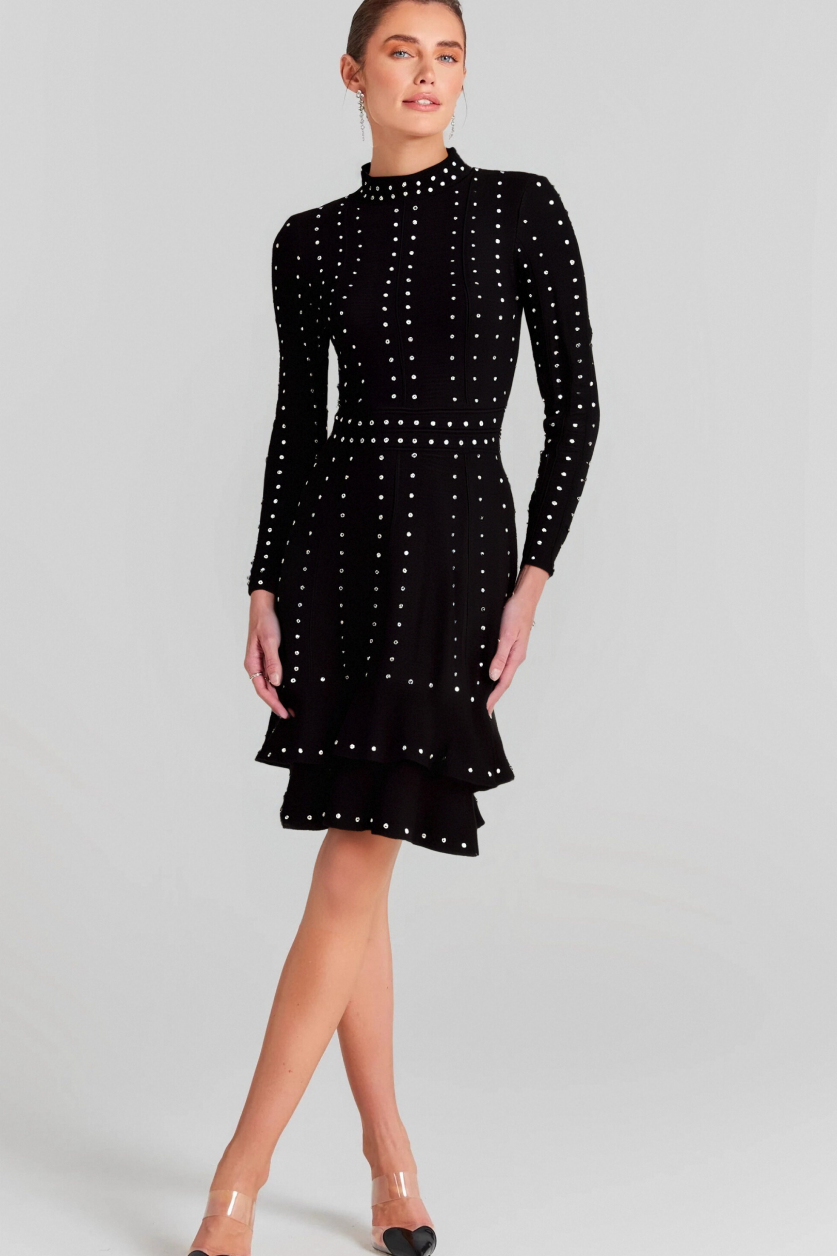 FABIENNE BLACK RUFFLED KNIT MINI DRESS