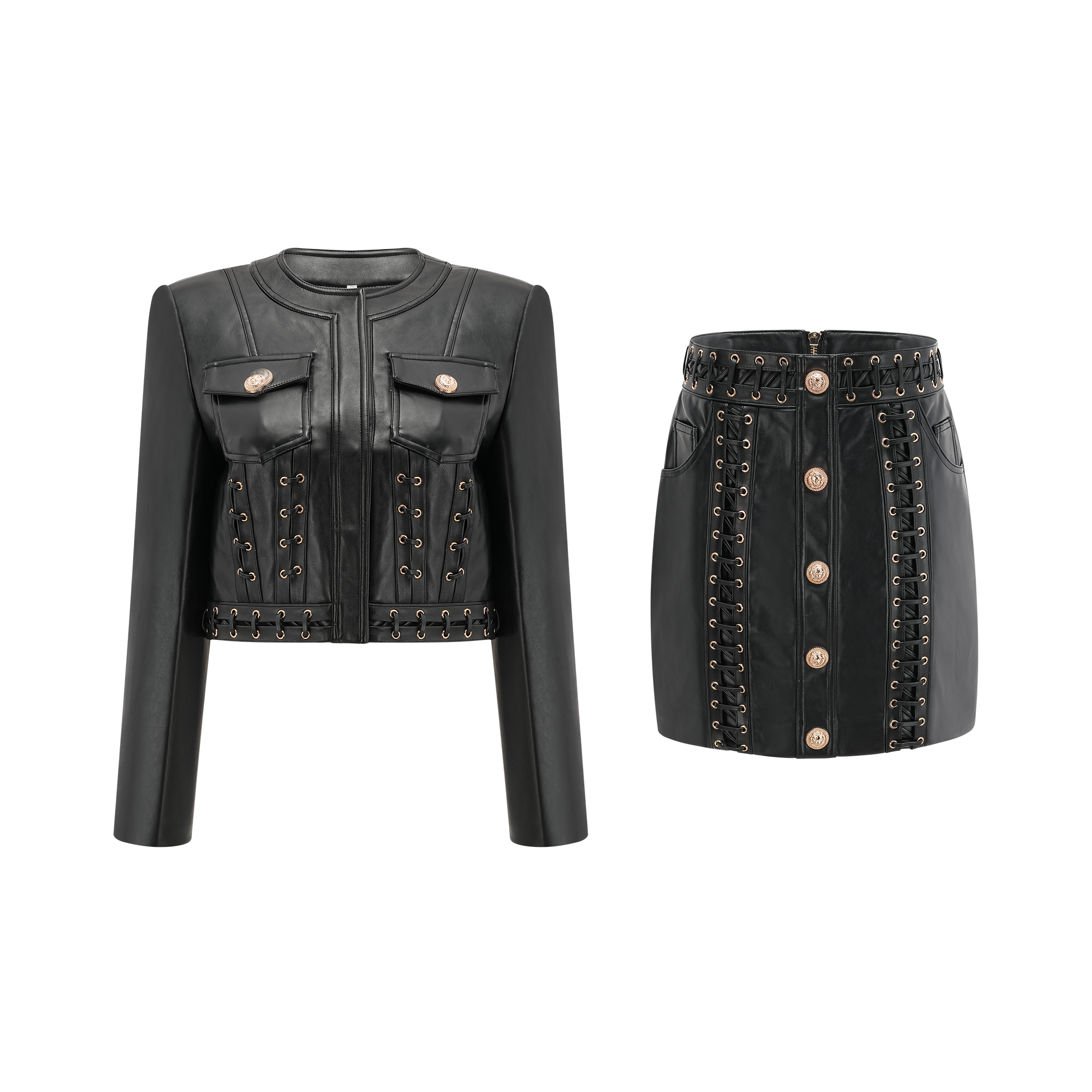 DAPHNE EYELET LEATHER JACKET & SKIRT MATCHING SET